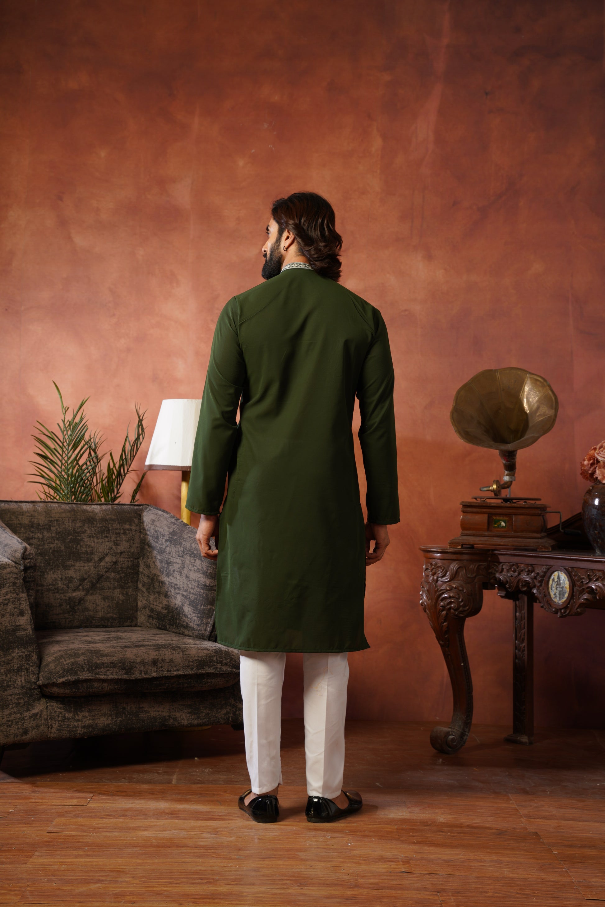 Luxury Neckwork Embroidered Olive Kurta Set for Mens