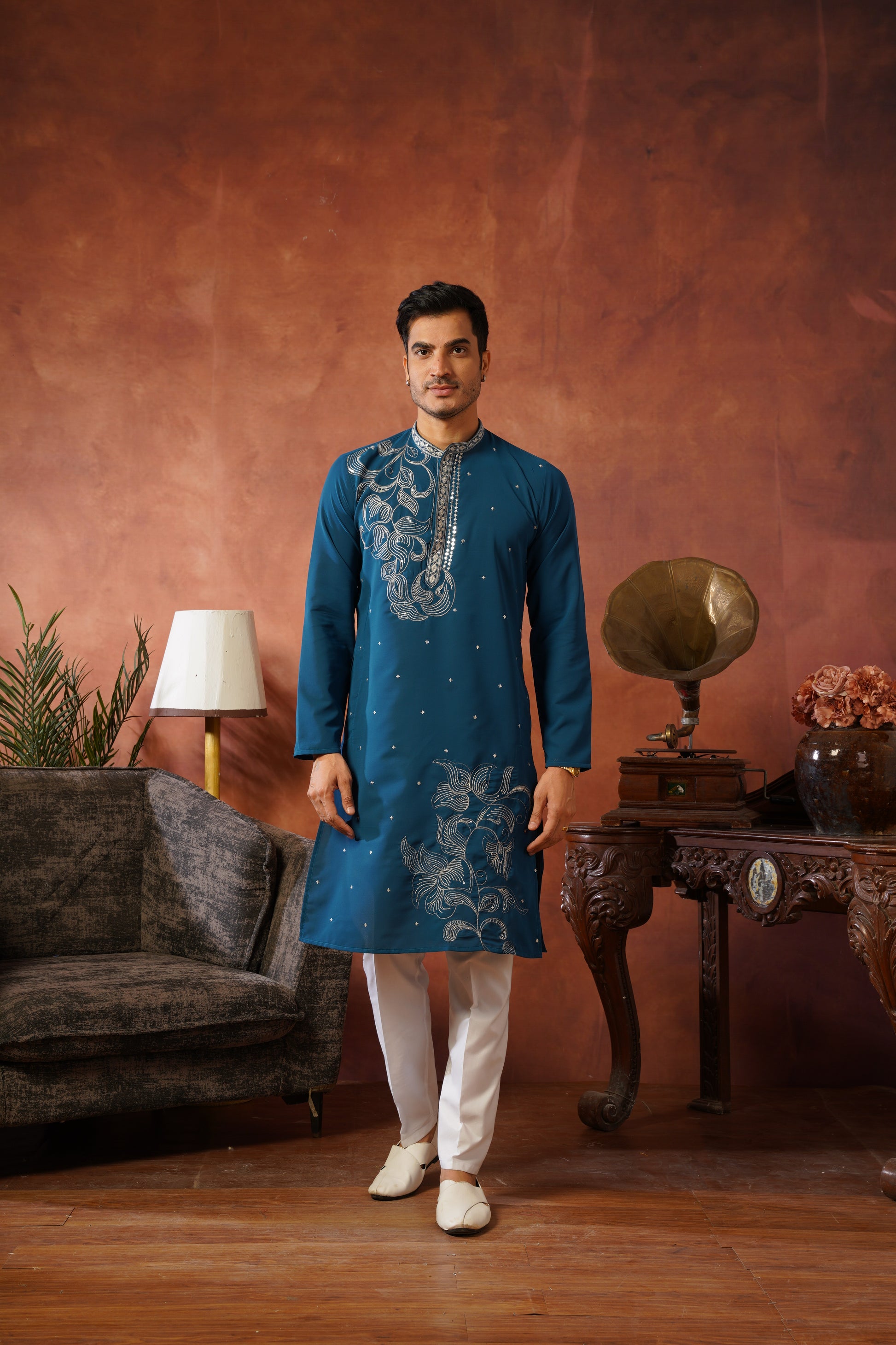 Luxury Neckwork Embroidered Peacock Blue Kurta Set for Mens