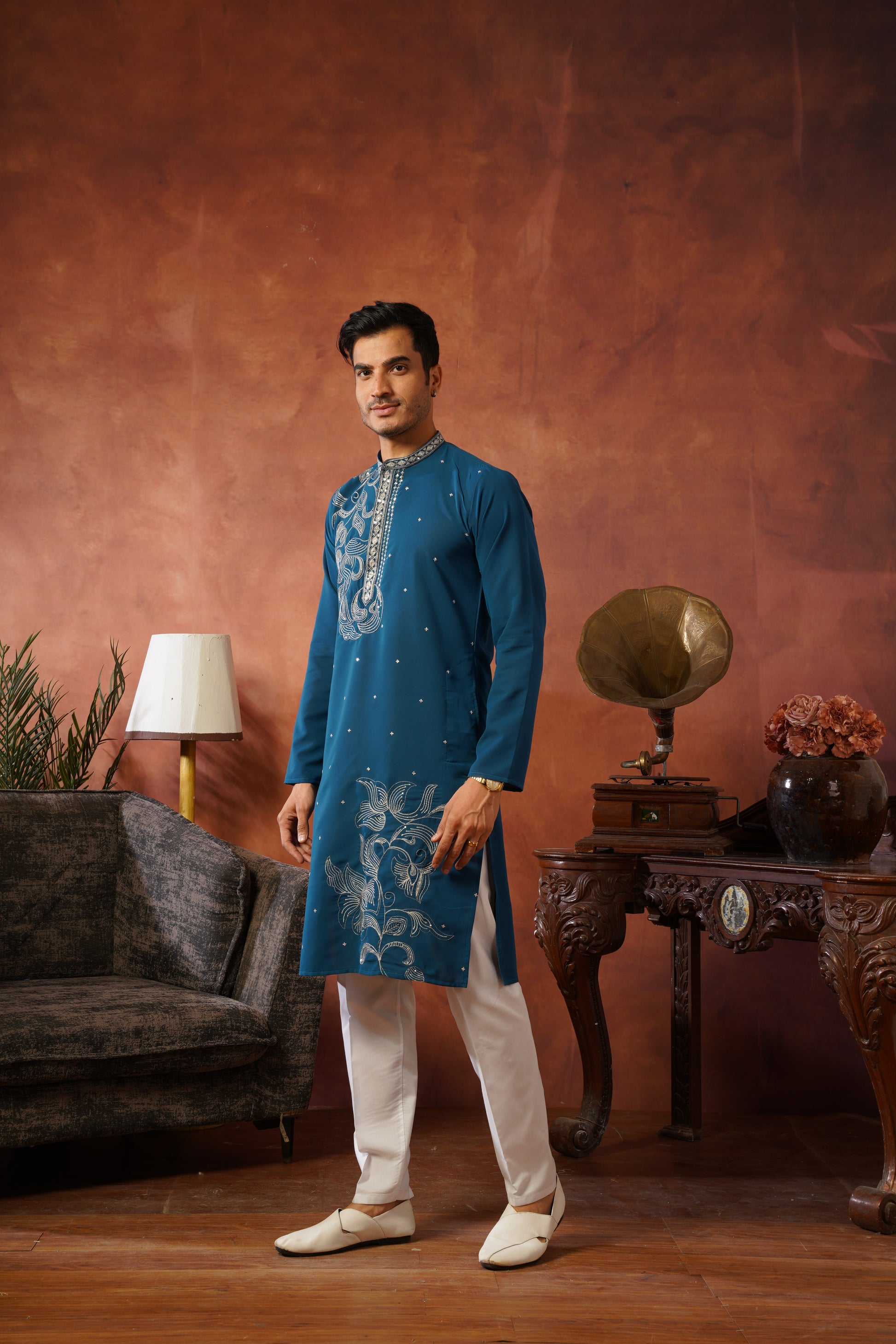 Luxury Neckwork Embroidered Peacock Blue Kurta Set for Mens