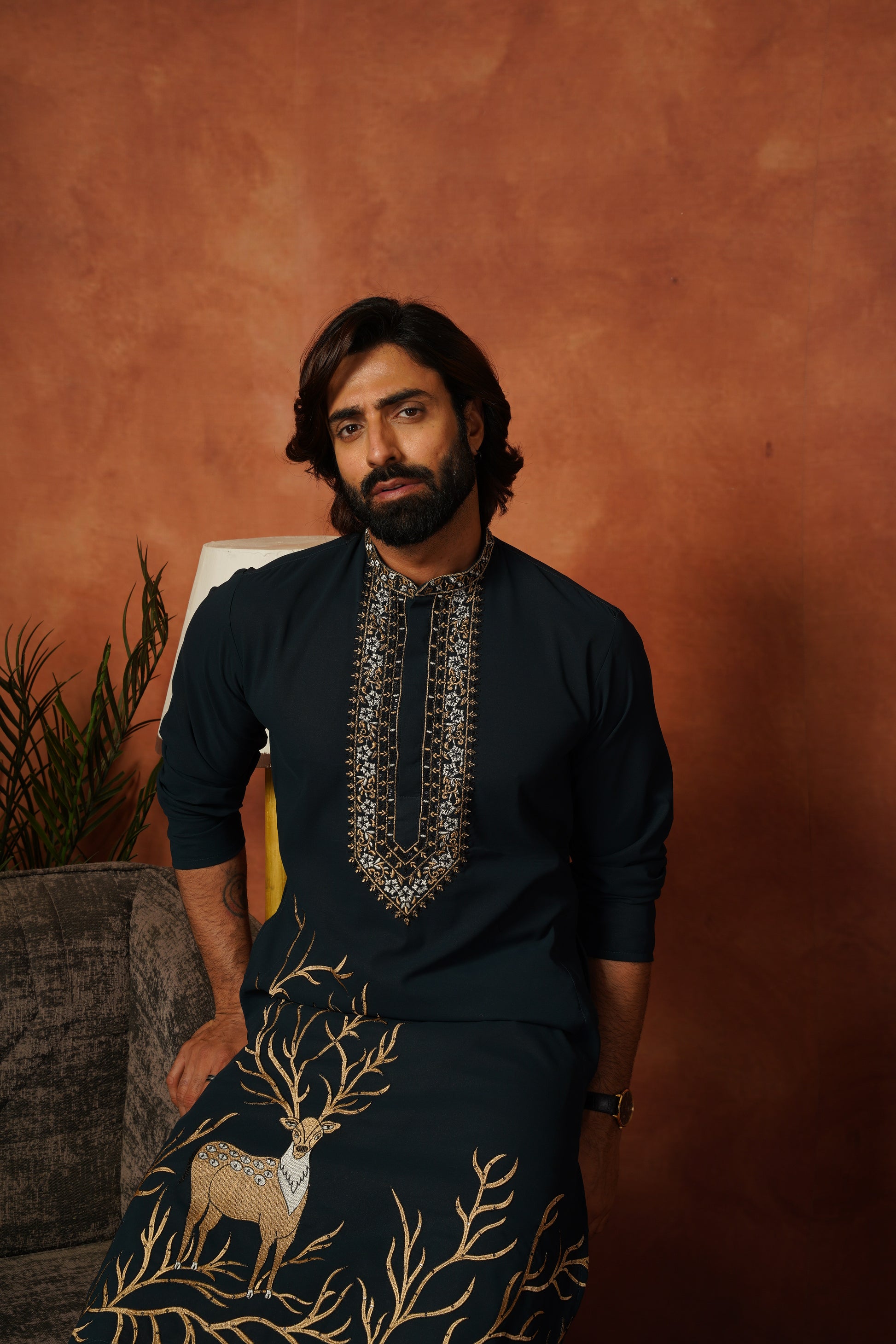 Wildlife Embroidered Peacock Blue Kurta Set
