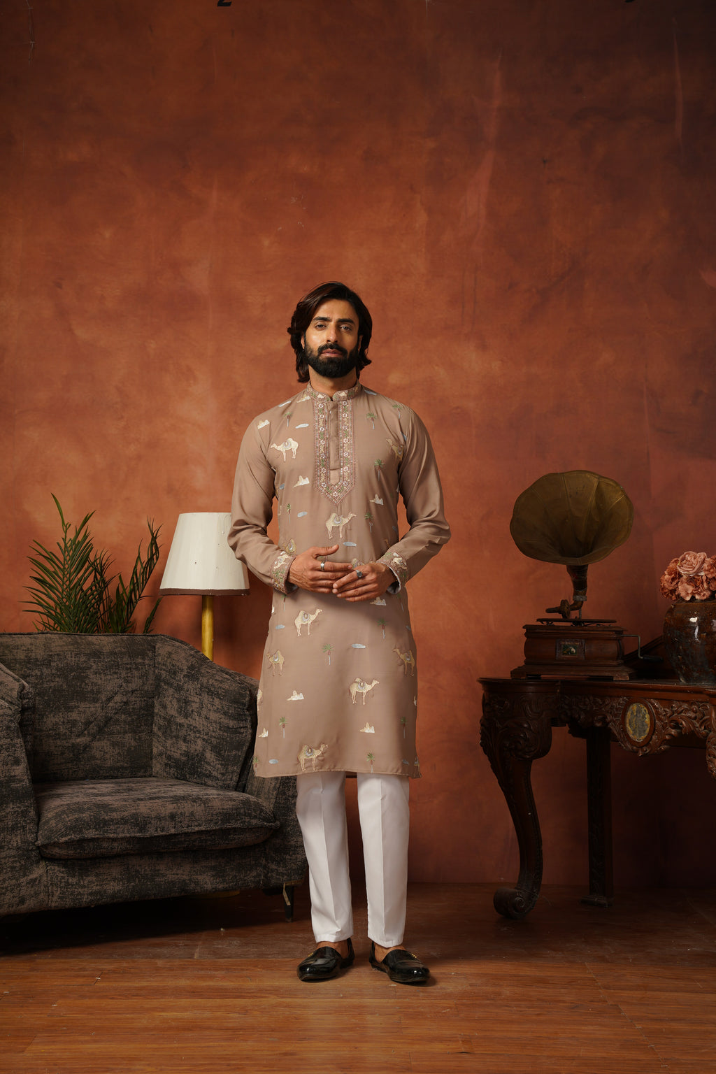 Designer Desert Theme Embroidered Rust Kurta Set