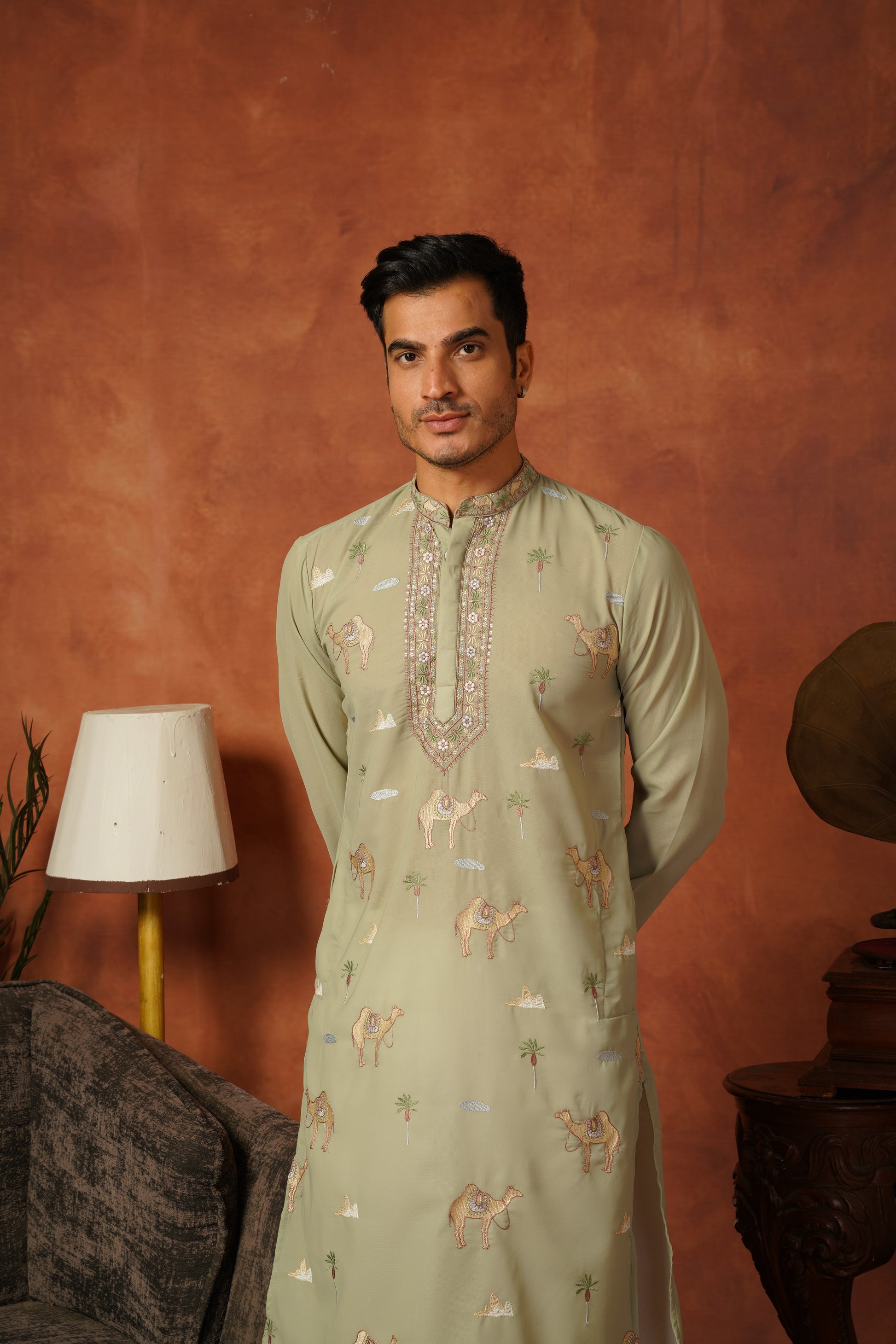 Designer Desert Theme Embroidered Pista Kurta Set