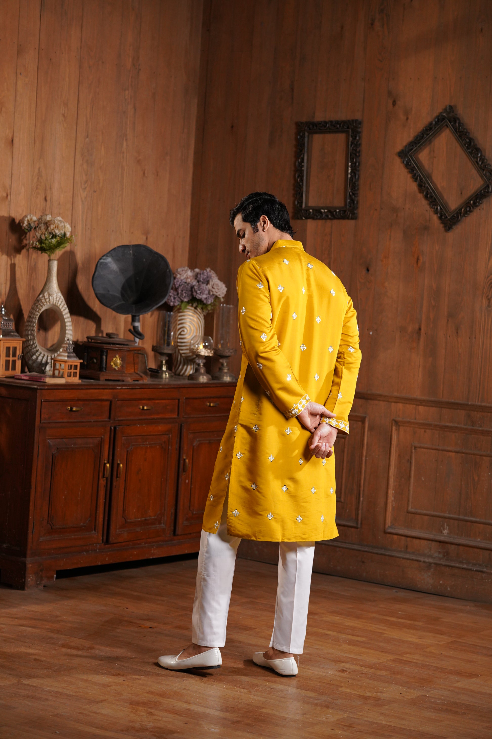Mustard Cotton Silk Men's Kurta with Neck Embroidery & All-Over Mirror Work