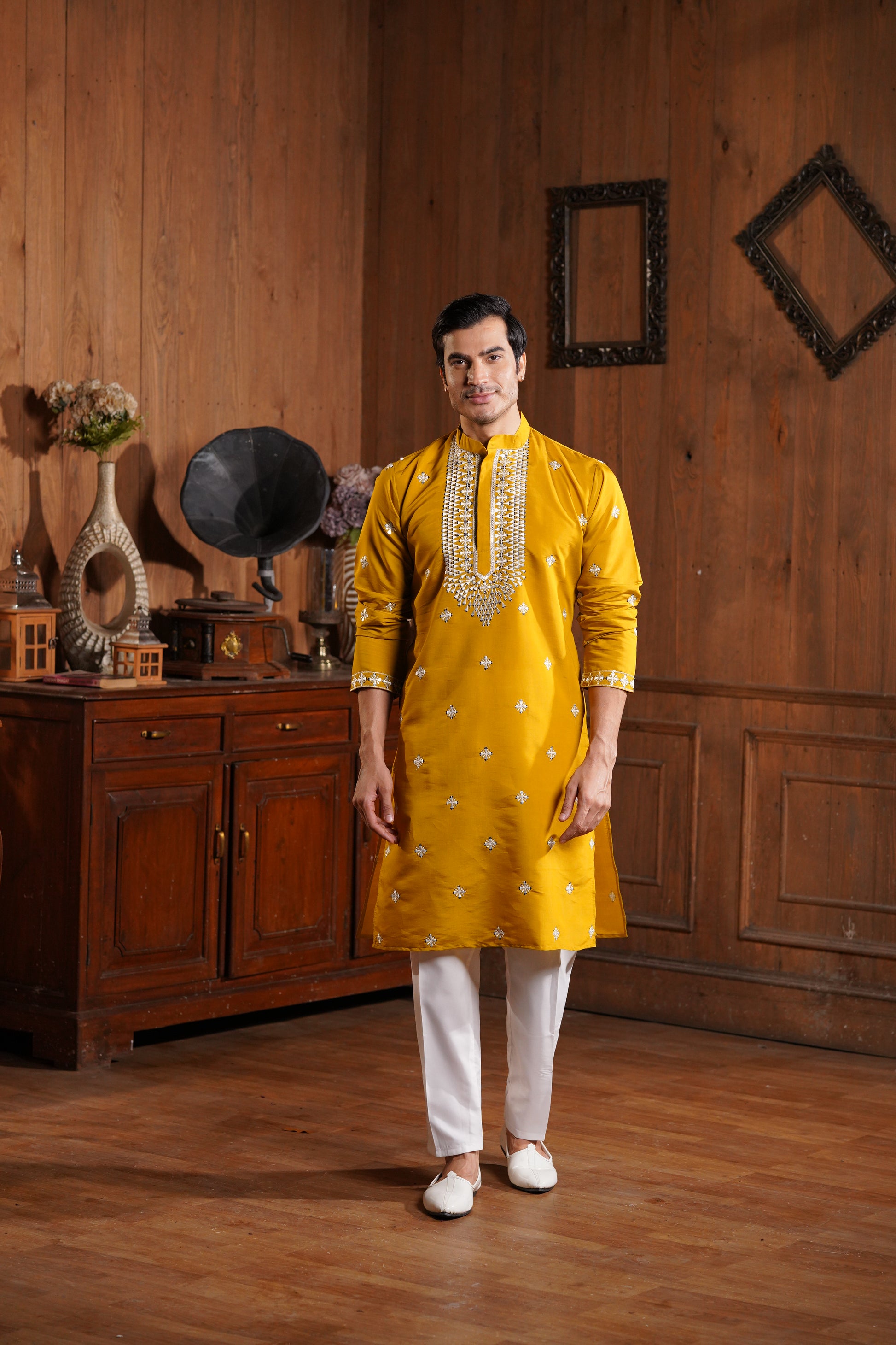 Mustard Cotton Silk Men's Kurta with Neck Embroidery & All-Over Mirror Work