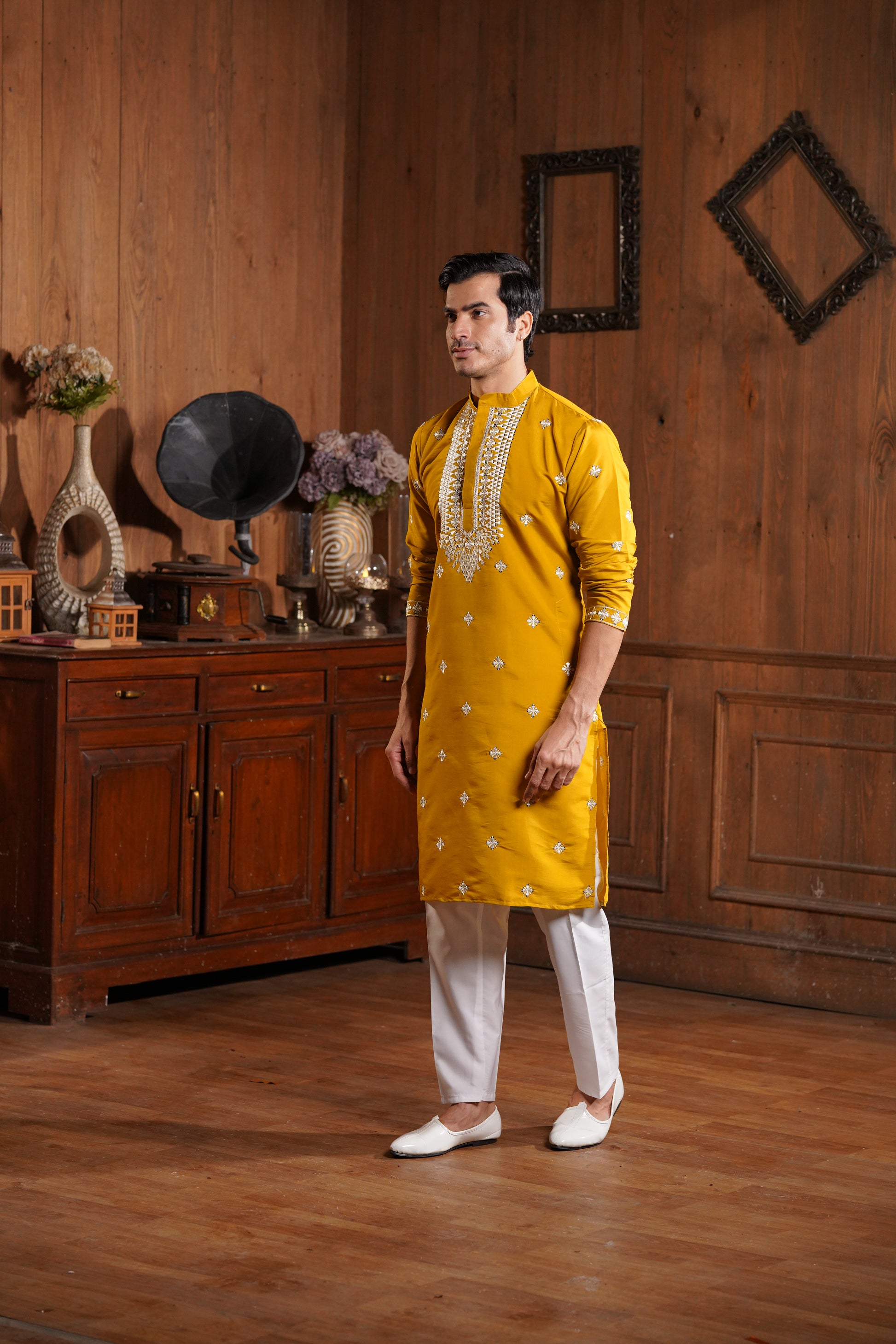 Mustard Cotton Silk Men's Kurta with Neck Embroidery & All-Over Mirror Work