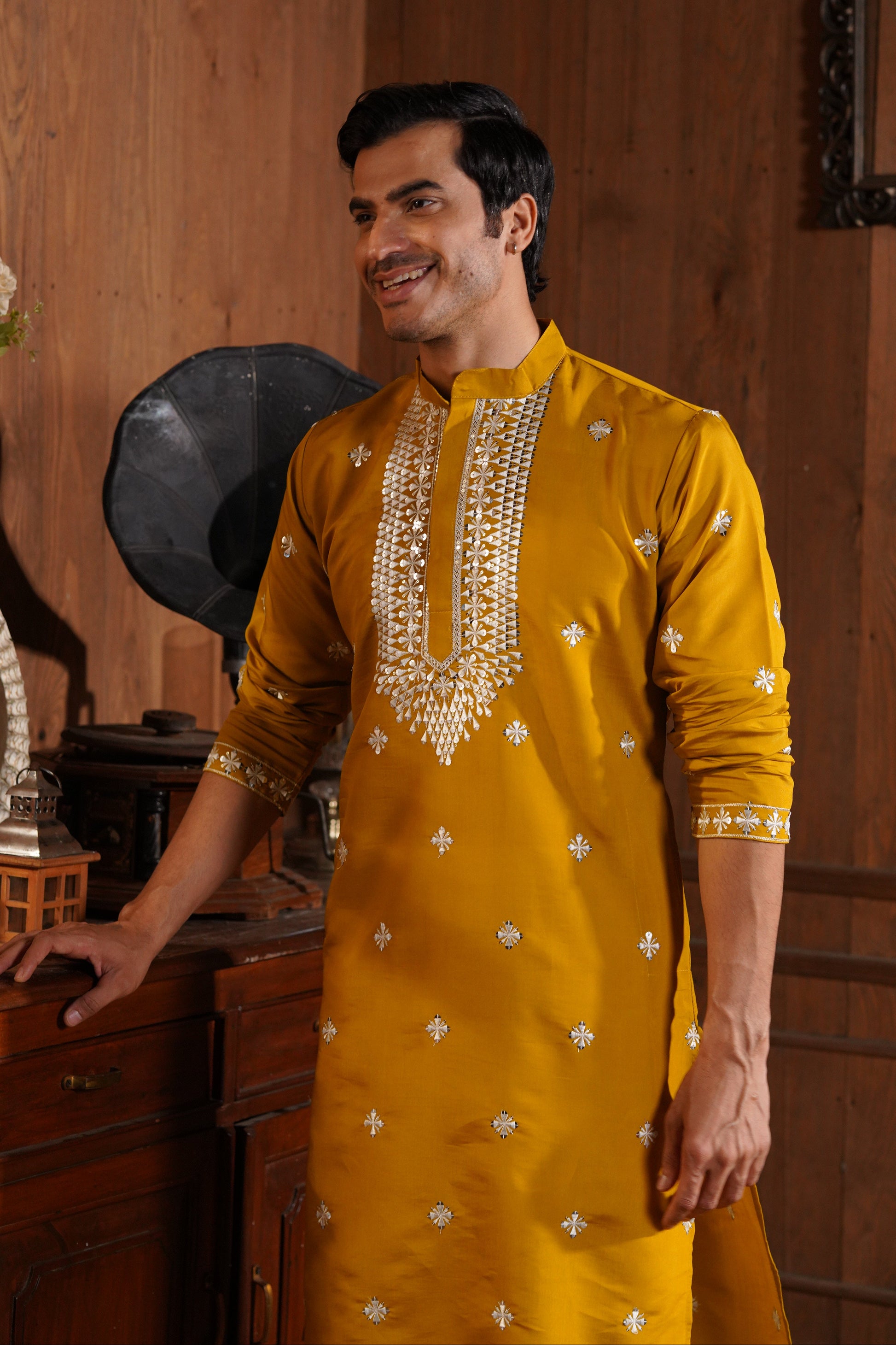 Mustard Cotton Silk Men's Kurta with Neck Embroidery & All-Over Mirror Work