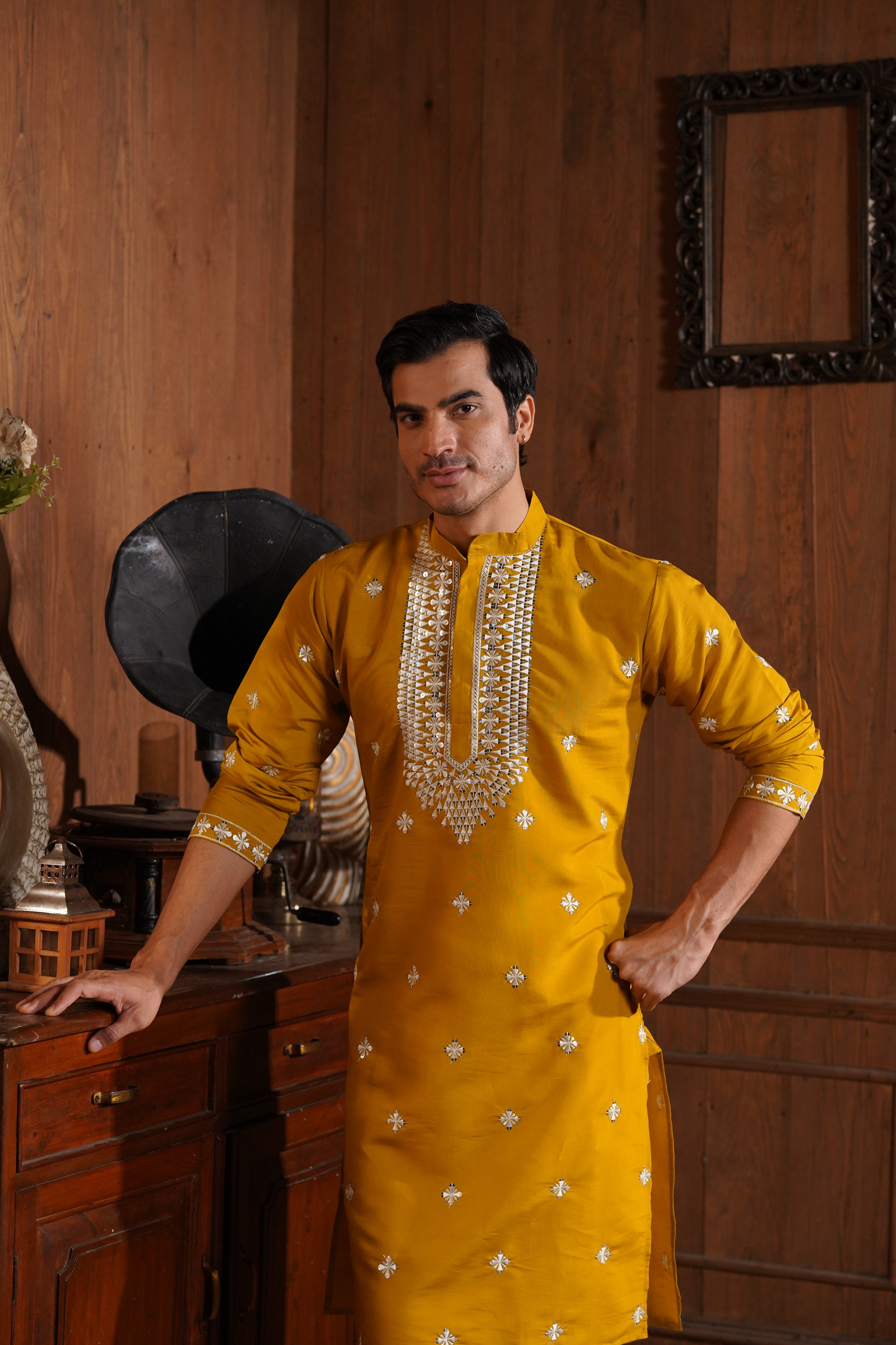 Mustard Cotton Silk Men's Kurta with Neck Embroidery & All-Over Mirror Work