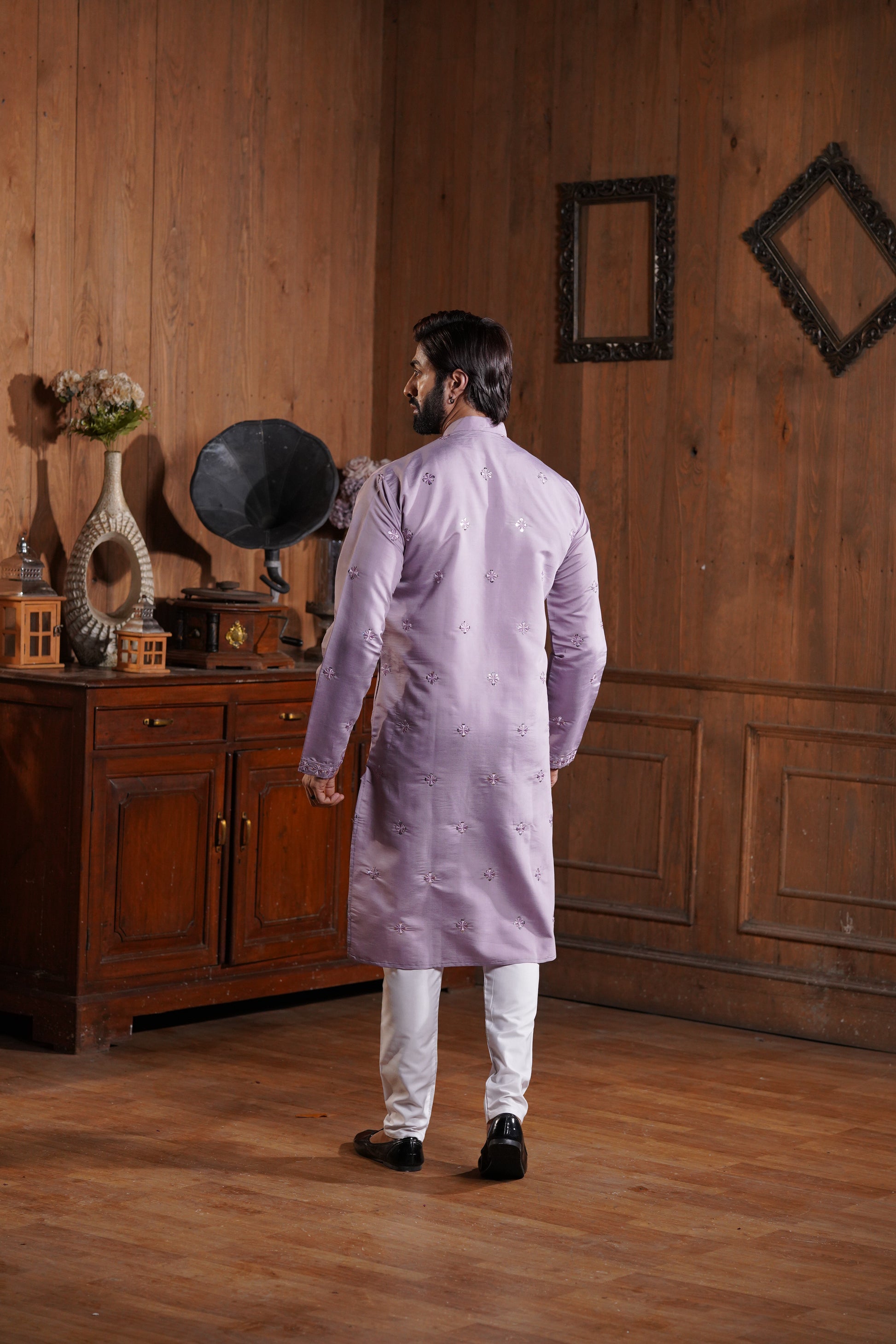 Lavender Cotton Silk Men's Kurta with Neck Embroidery & All-Over Mirror Work
