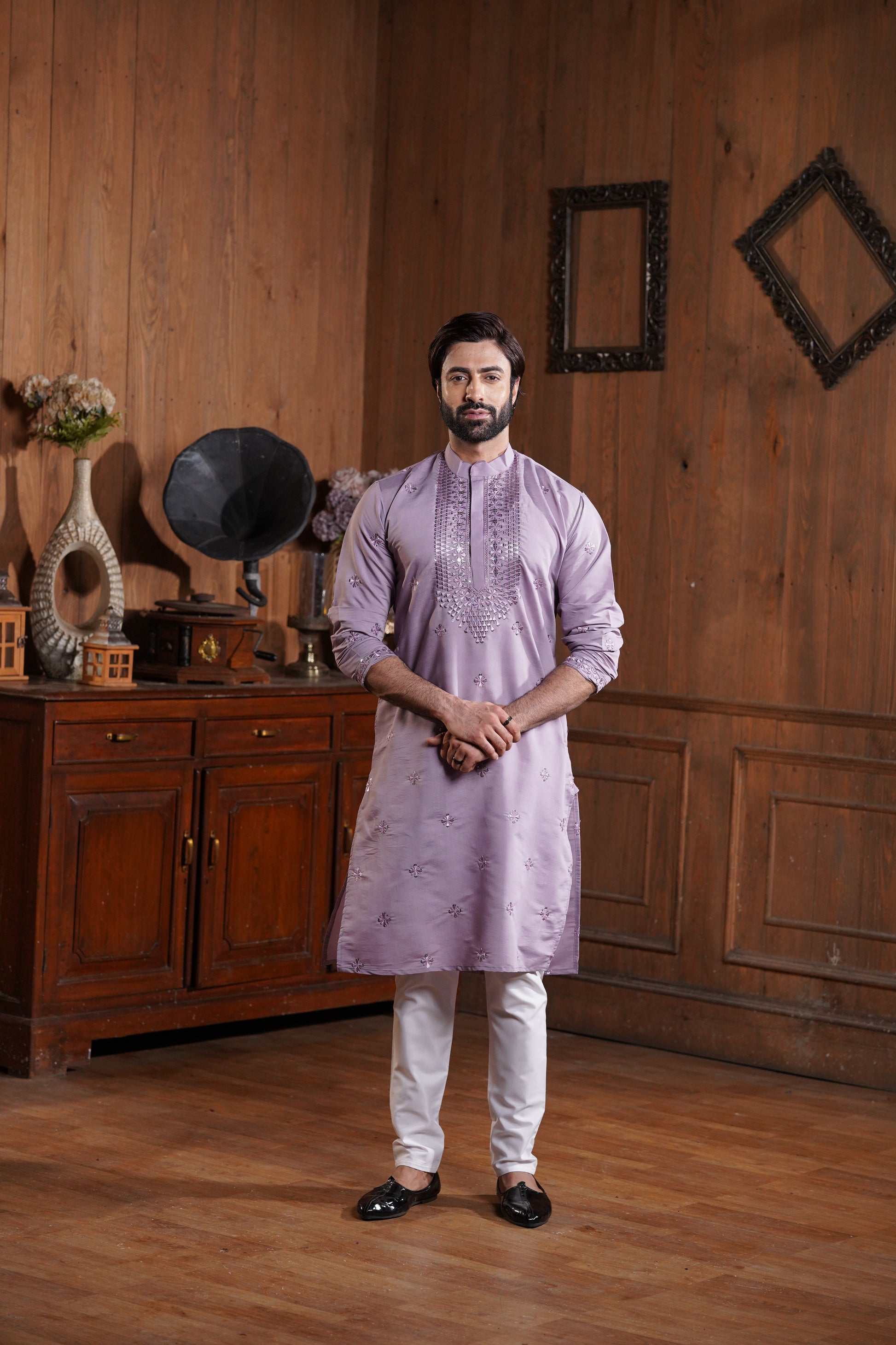 Lavender Cotton Silk Men's Kurta with Neck Embroidery & All-Over Mirror Work