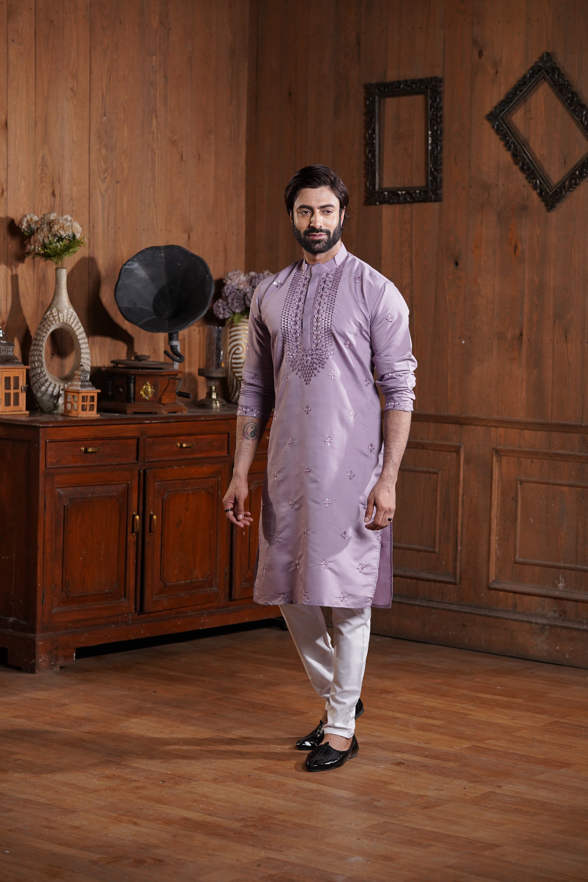Lavender Cotton Silk Men's Kurta with Neck Embroidery & All-Over Mirror Work