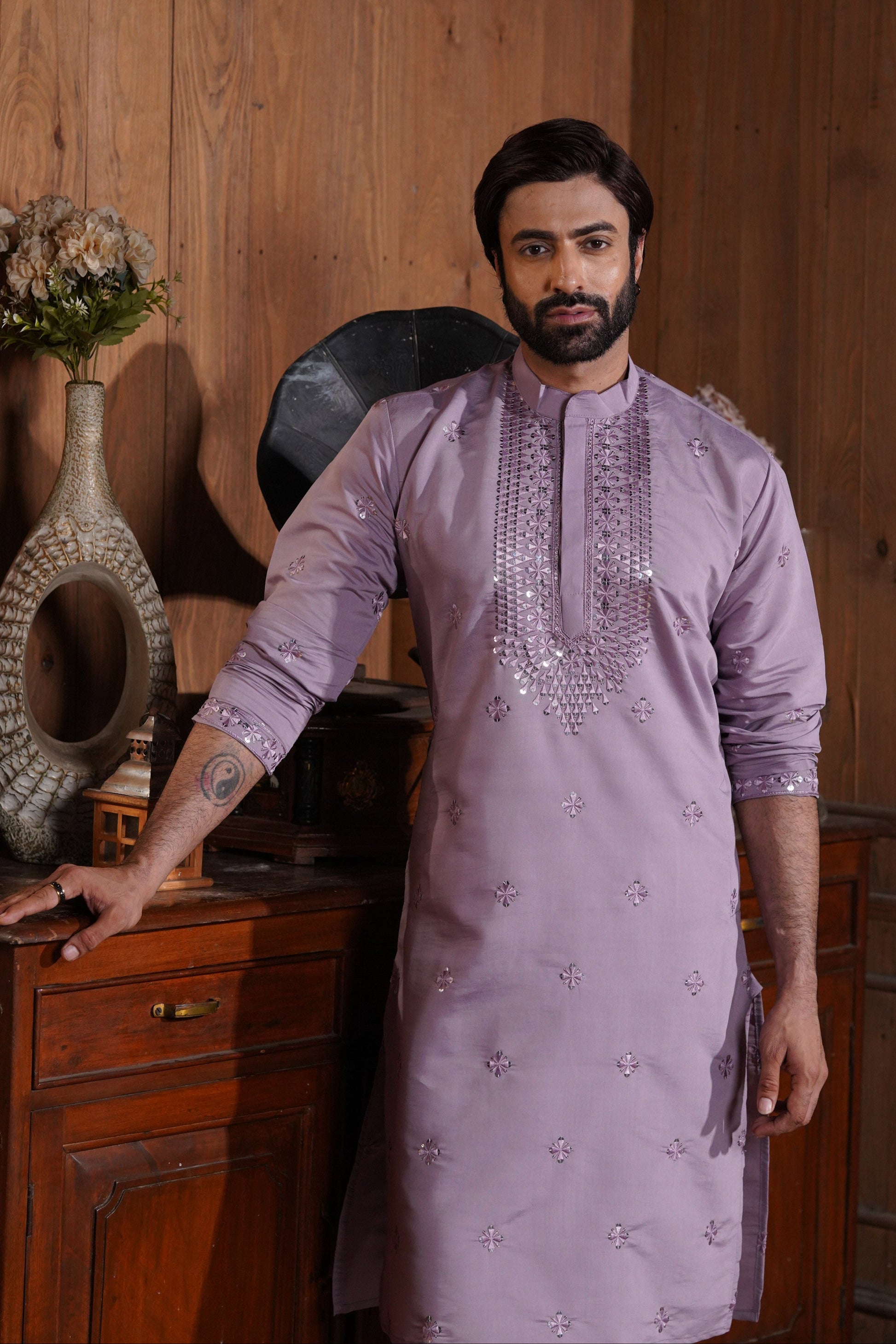 Lavender Cotton Silk Men's Kurta with Neck Embroidery & All-Over Mirror Work