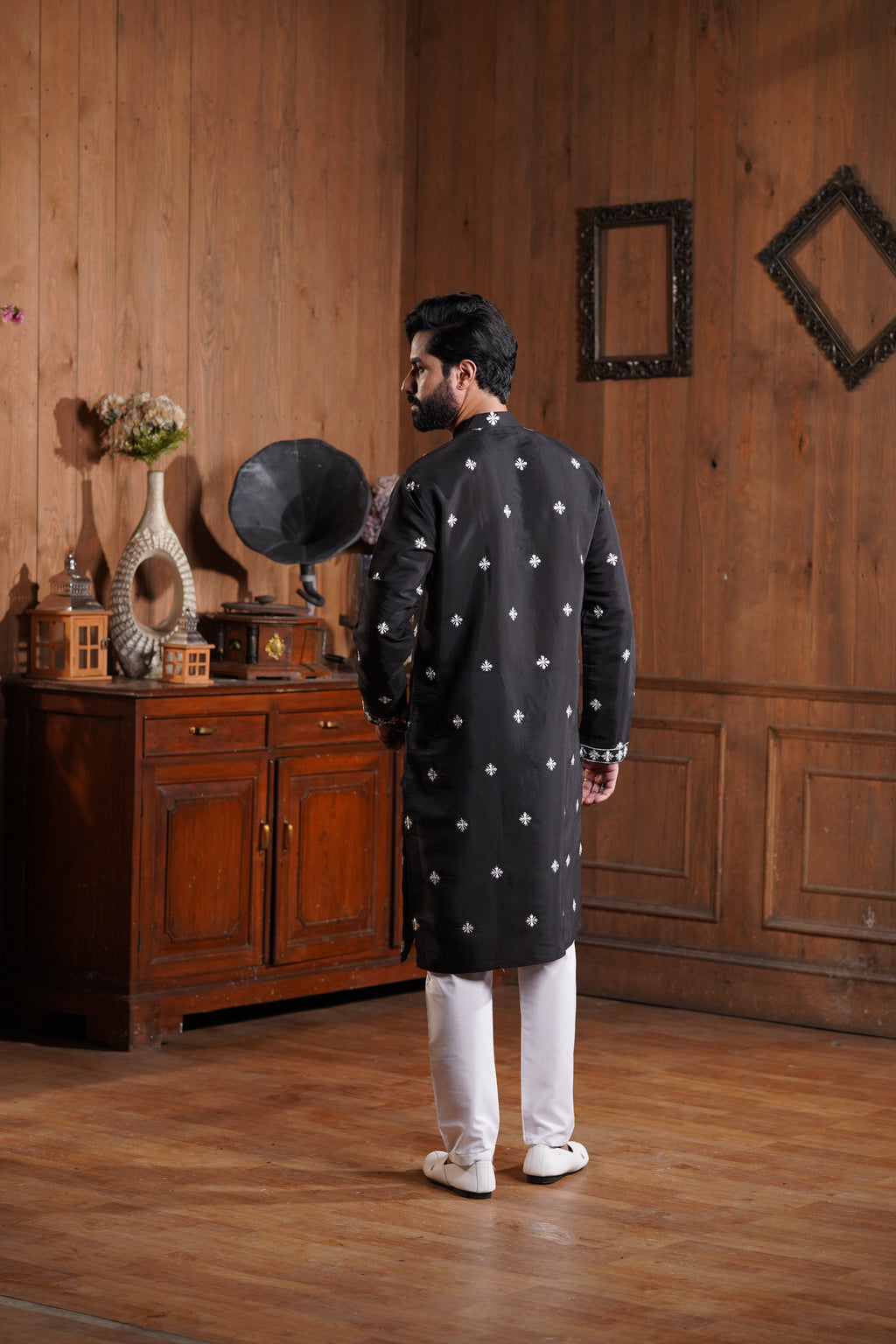 Black Cotton Silk Men's Kurta with Neck Embroidery & All-Over Mirror Work