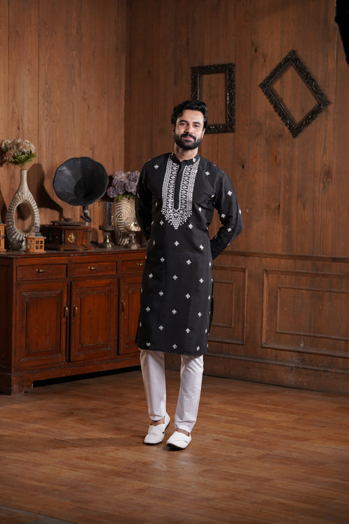 Black Cotton Silk Men's Kurta with Neck Embroidery & All-Over Mirror Work