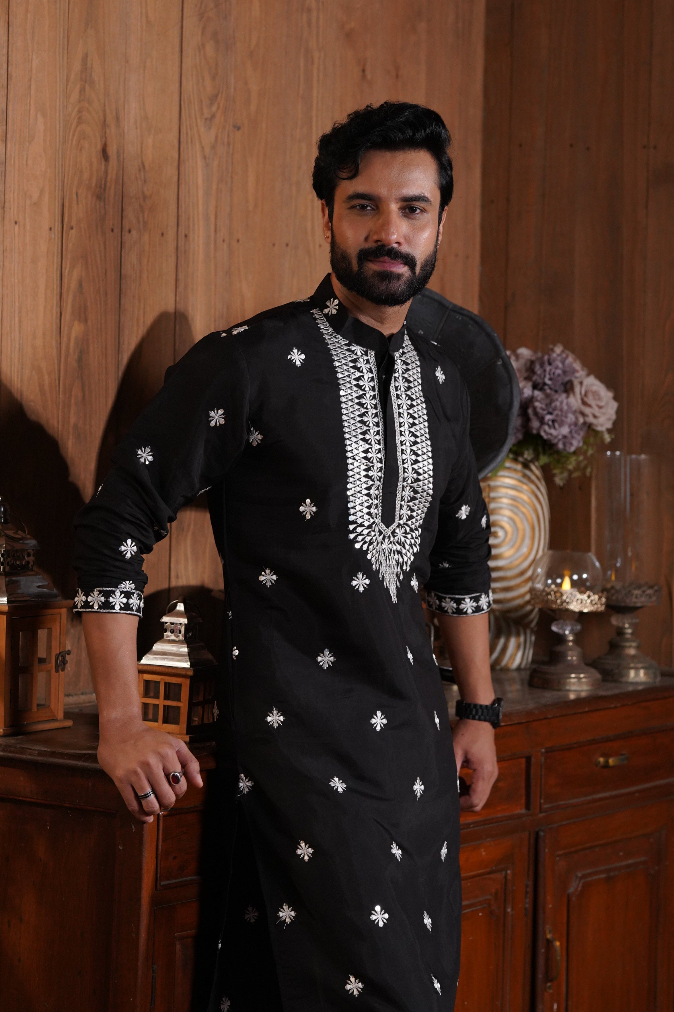 Black Cotton Silk Men's Kurta with Neck Embroidery & All-Over Mirror Work