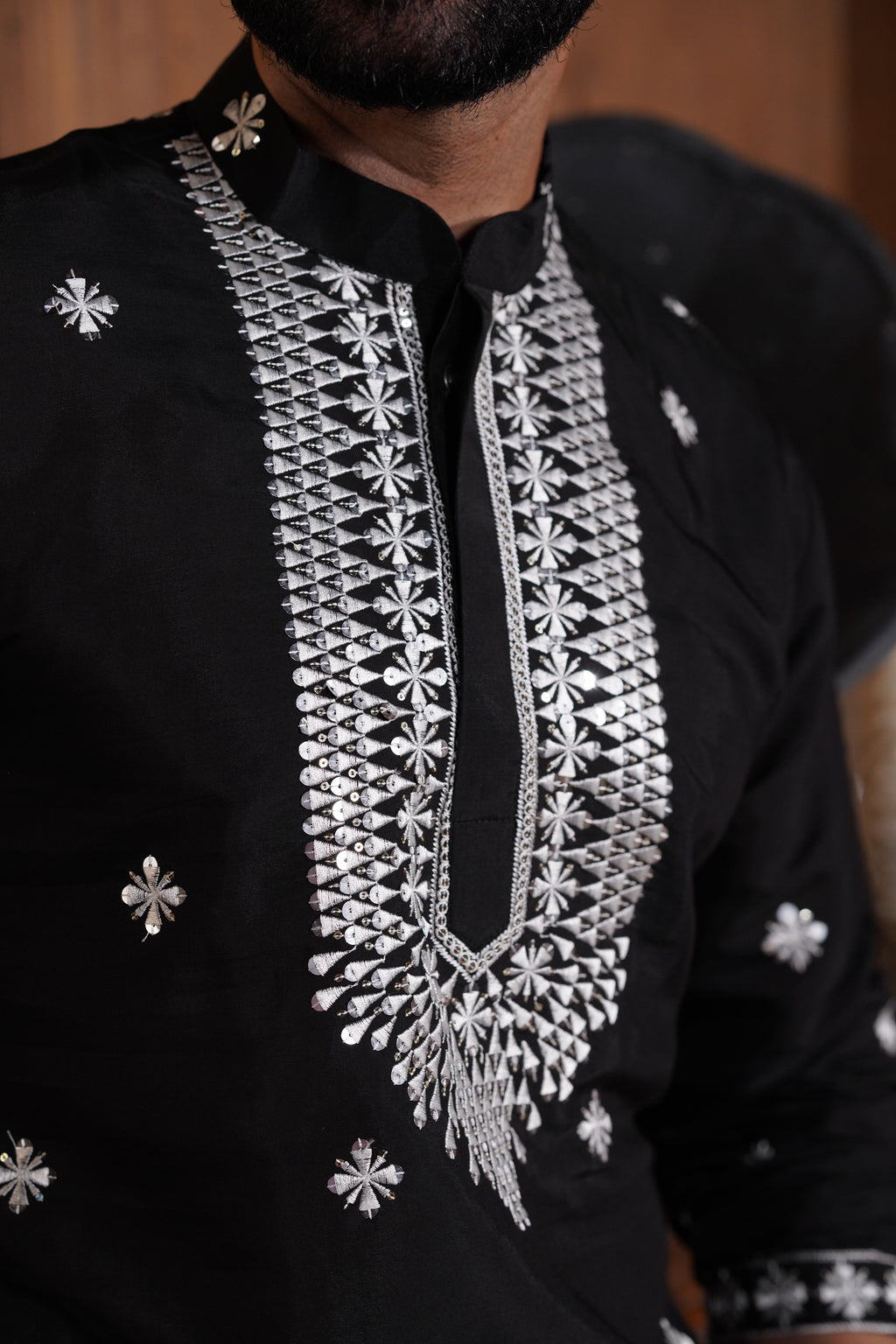 Black Cotton Silk Men's Kurta with Neck Embroidery & All-Over Mirror Work