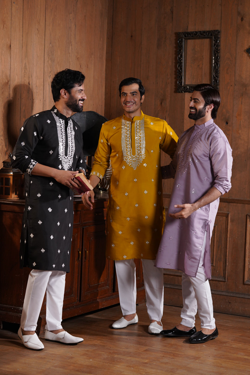 Black Cotton Silk Men's Kurta with Neck Embroidery & All-Over Mirror Work