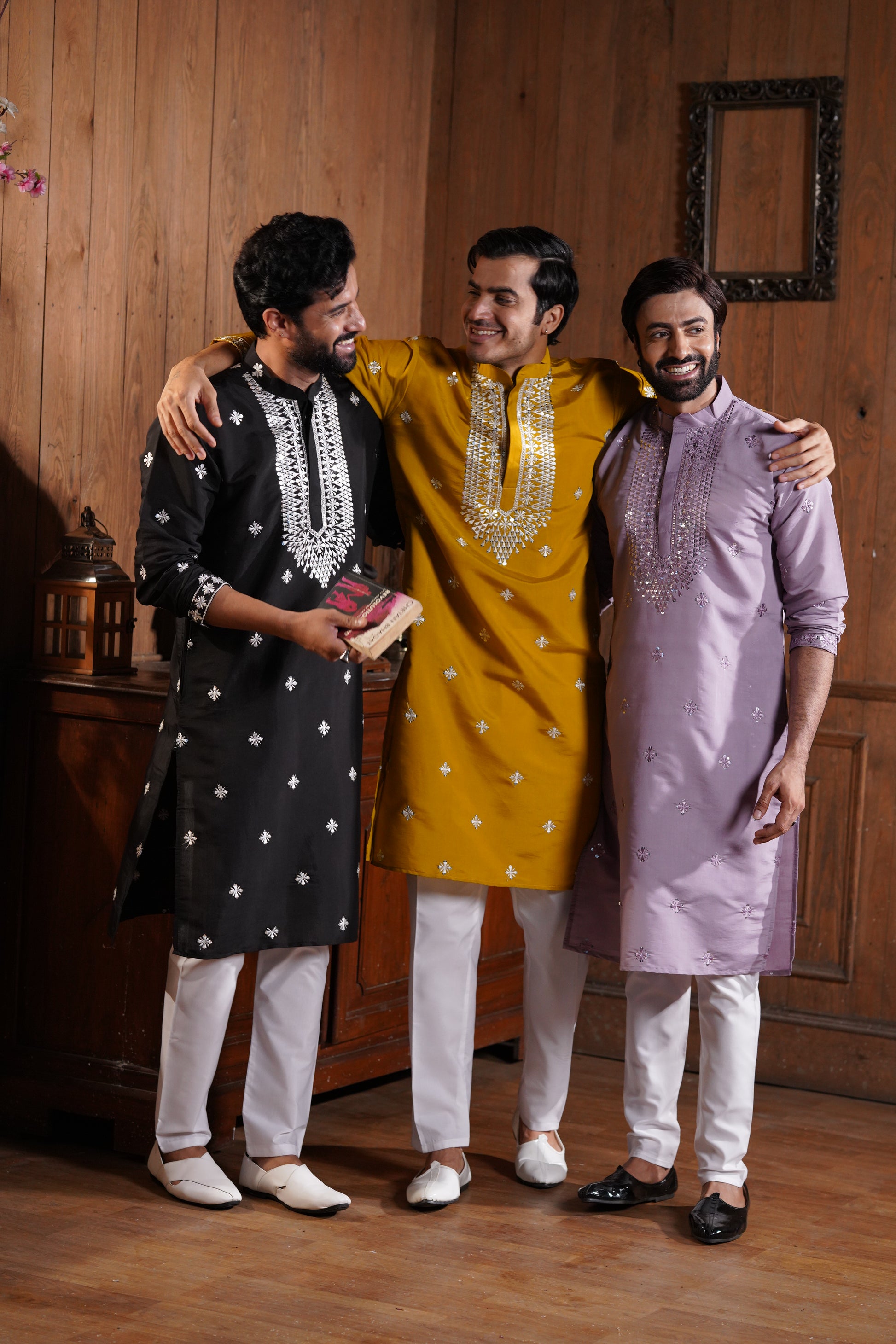 Mustard Cotton Silk Men's Kurta with Neck Embroidery & All-Over Mirror Work