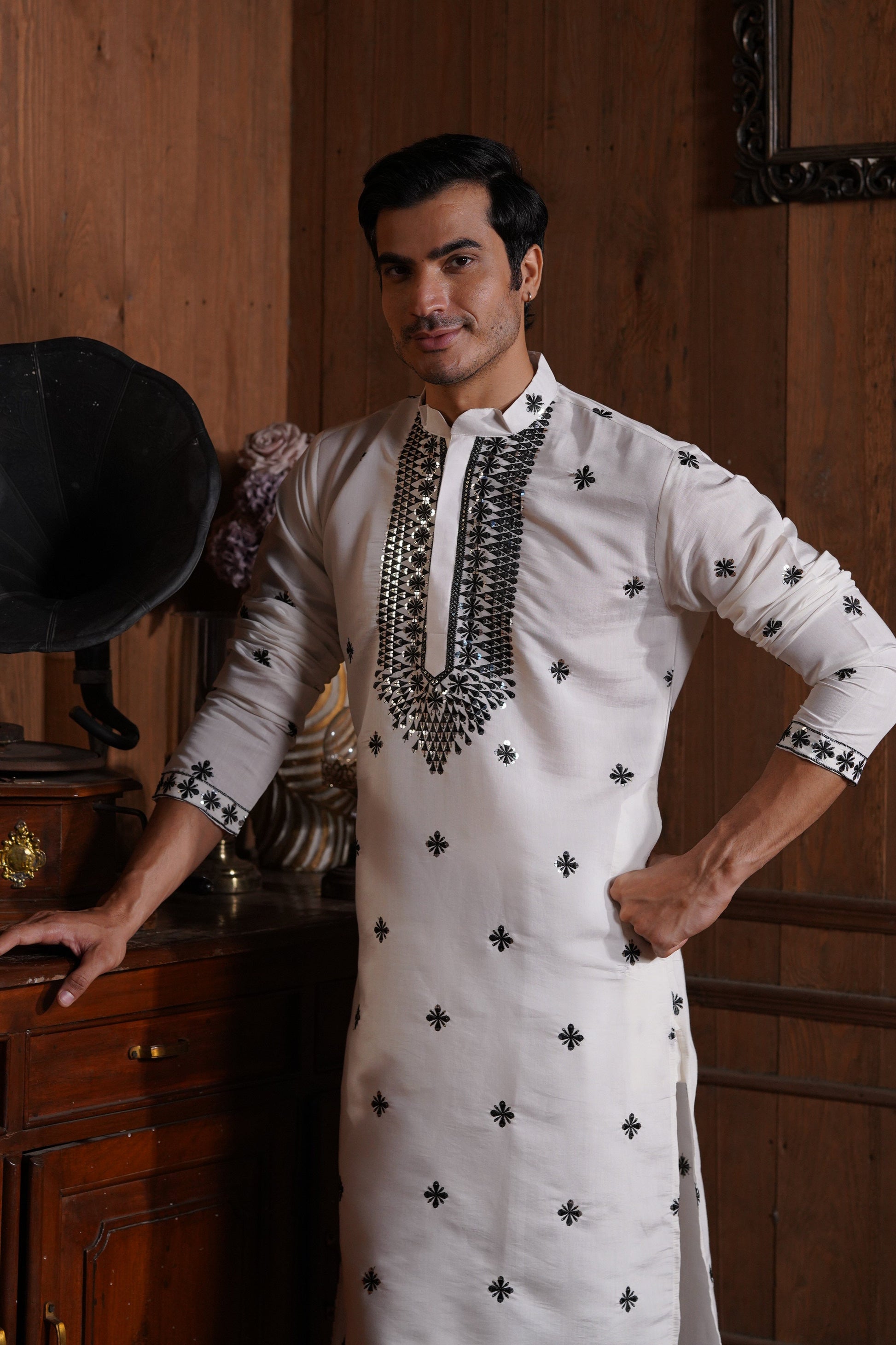 White Cotton Silk Men's Kurta with Neck Embroidery & All-Over Mirror Work