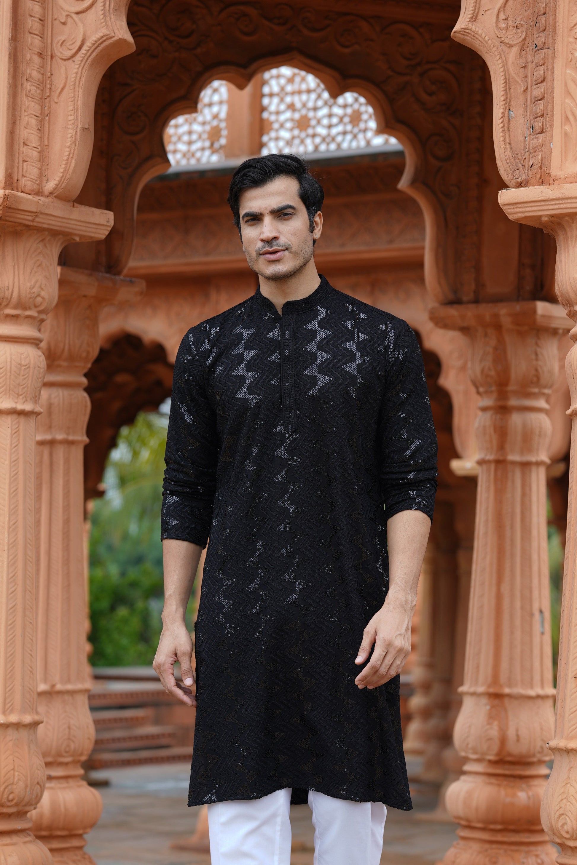 Men's Black Sequin Embellished Kurta