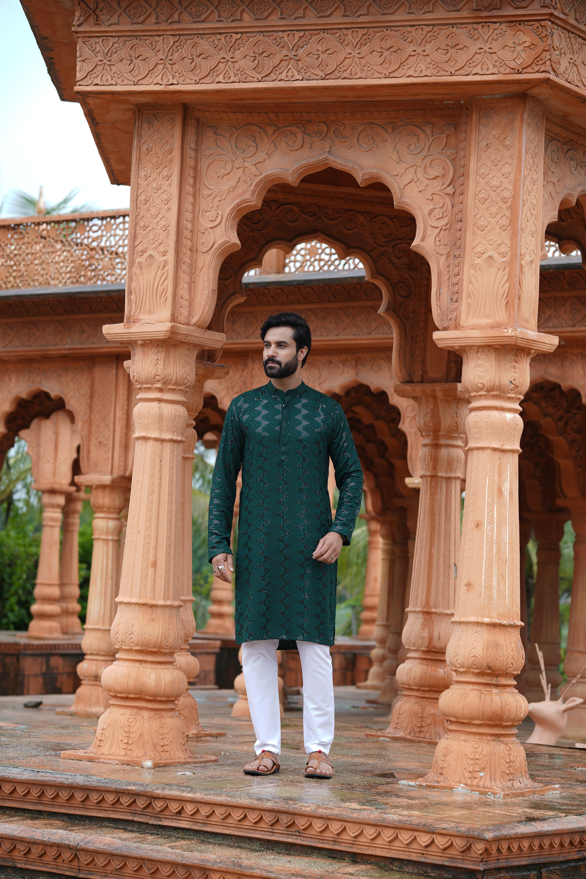 Men's Dark Green Sequin Embellished Kurta