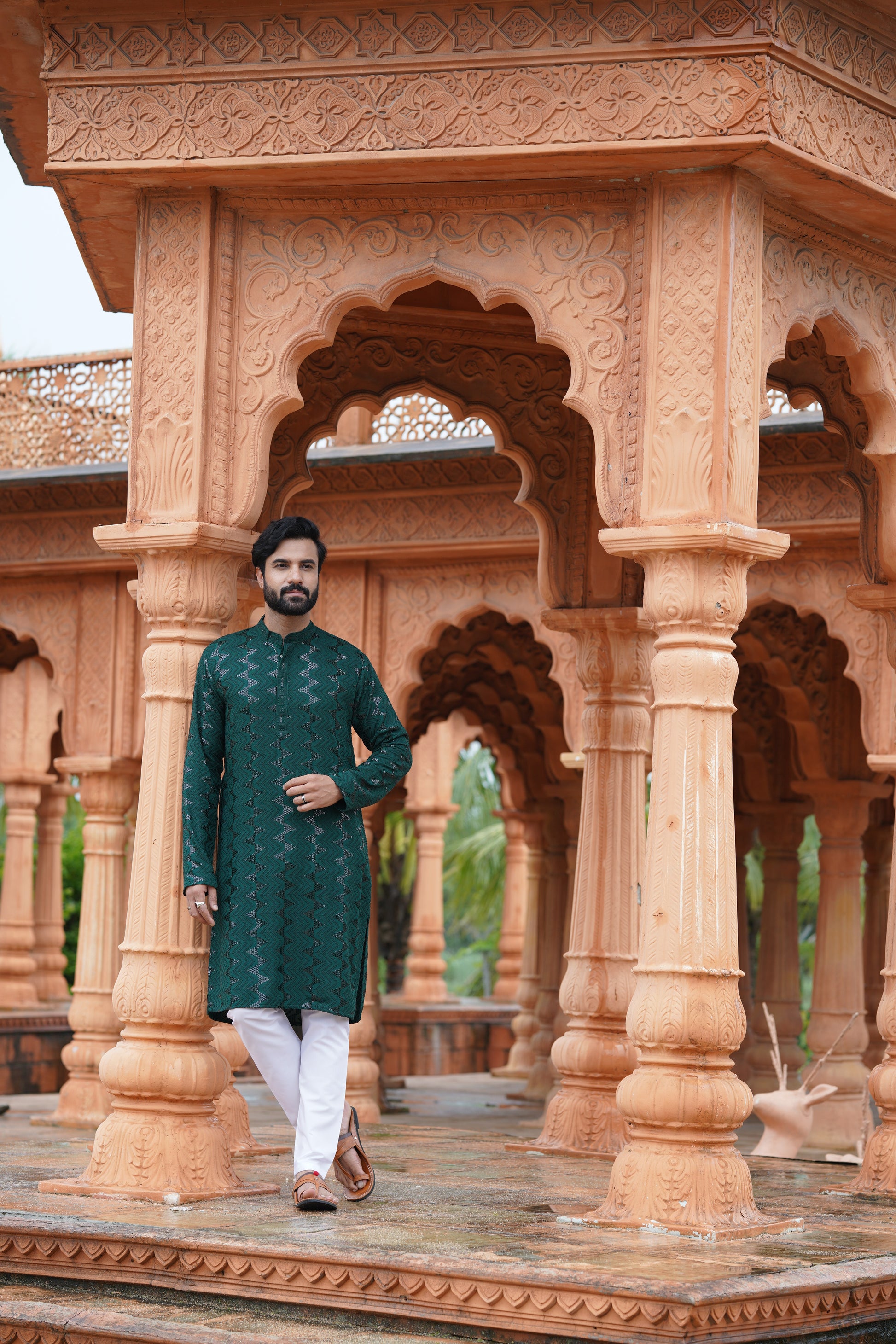 Men's Dark Green Sequin Embellished Kurta