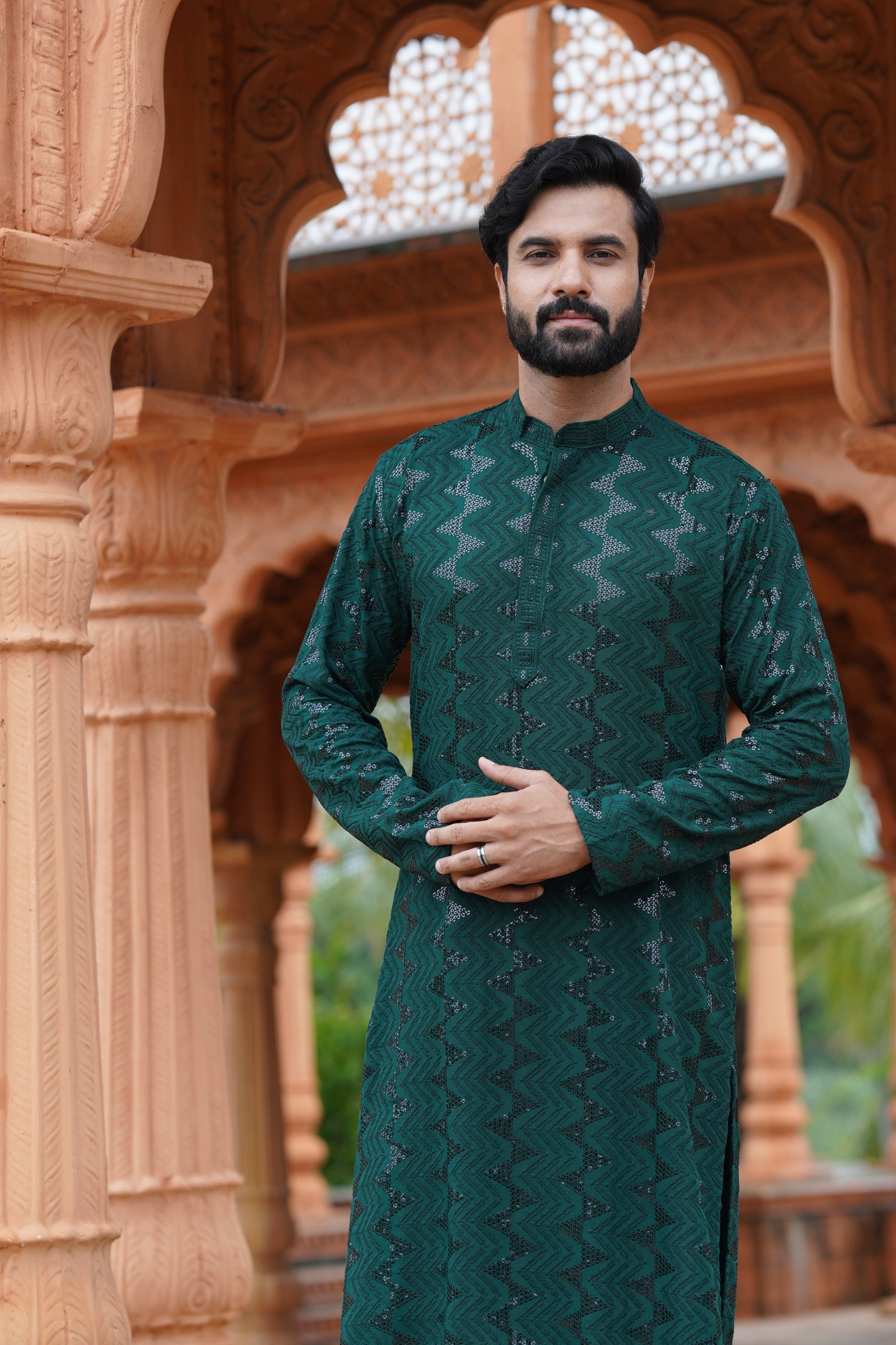 Men's Dark Green Sequin Embellished Kurta