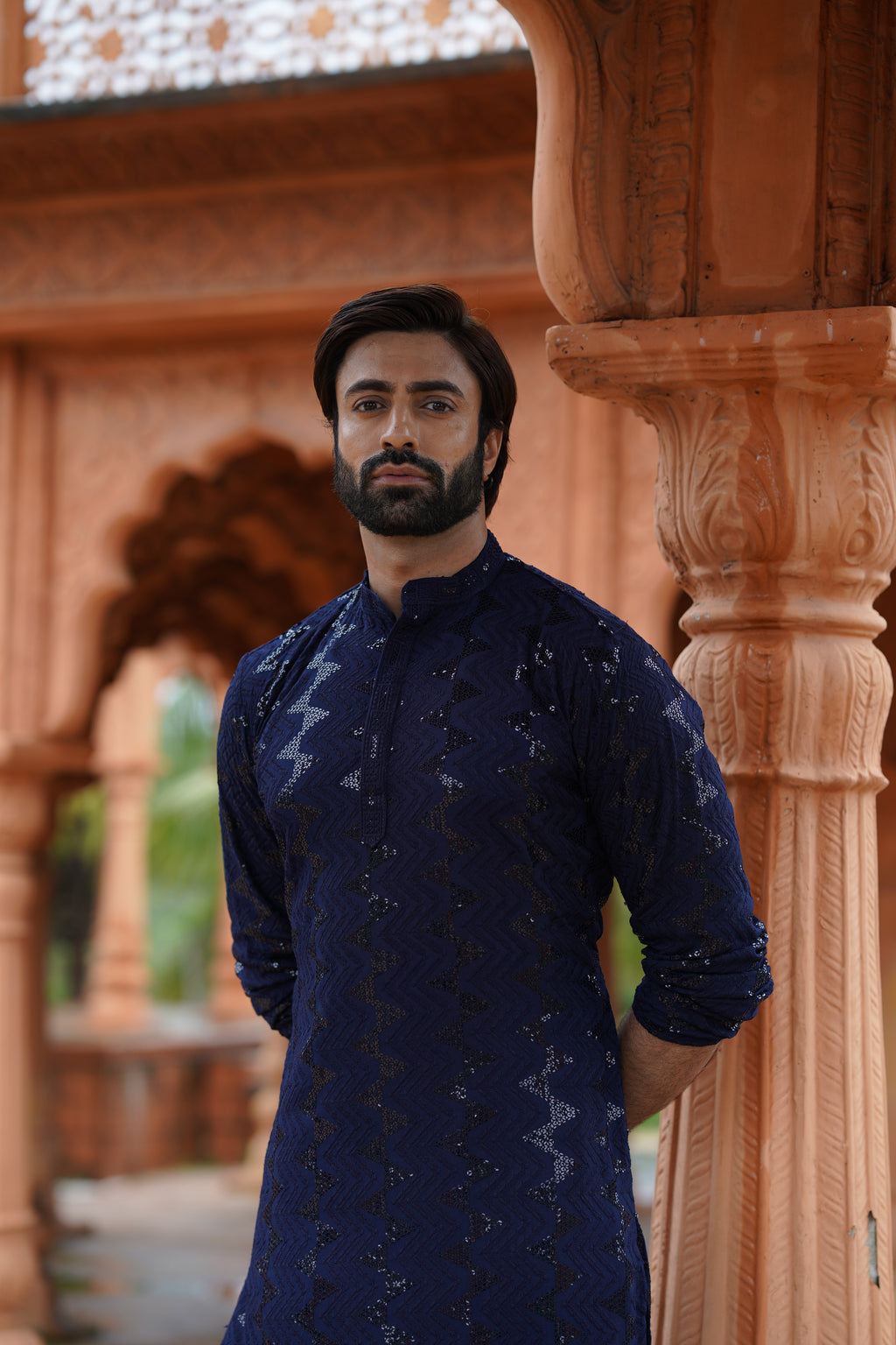 Men's Navy Blue Sequin Embellished Kurta