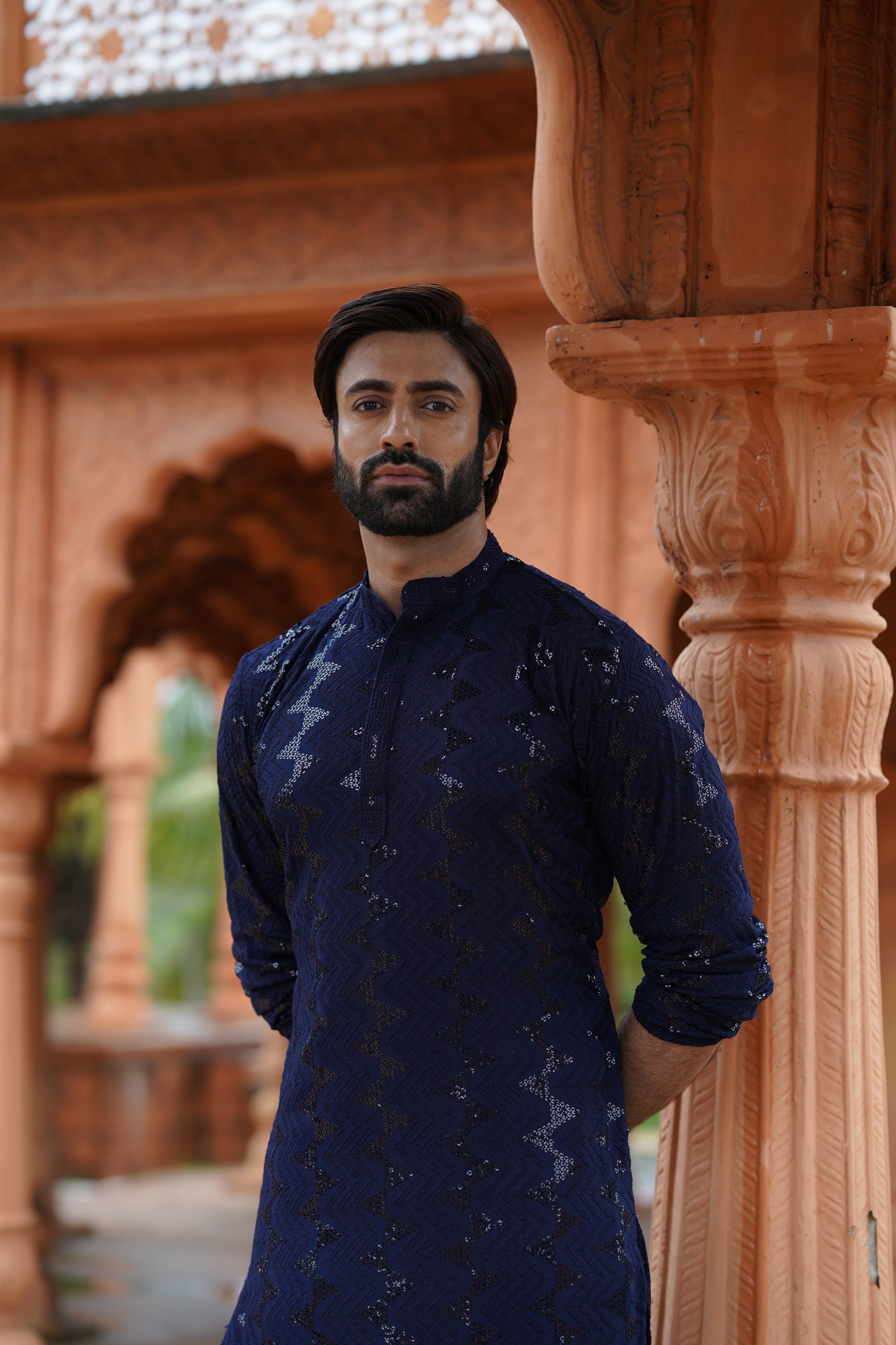 Men's Navy Blue Sequin Embellished Kurta