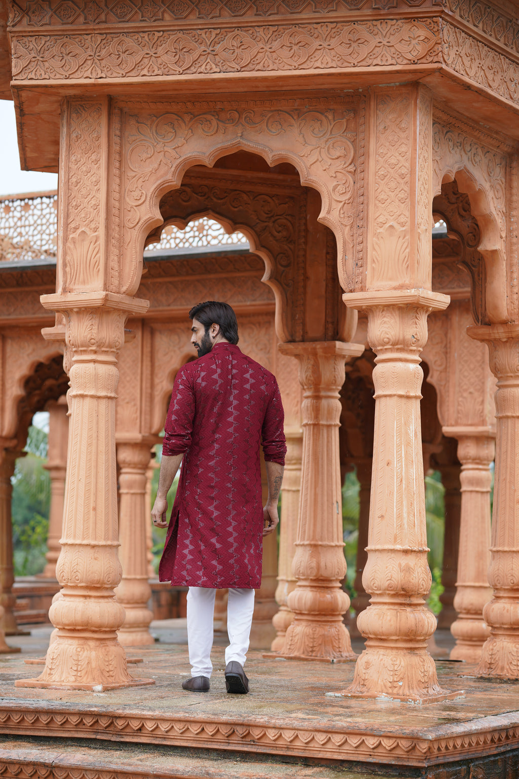 Men's Maroon Sequin Embellished Kurta