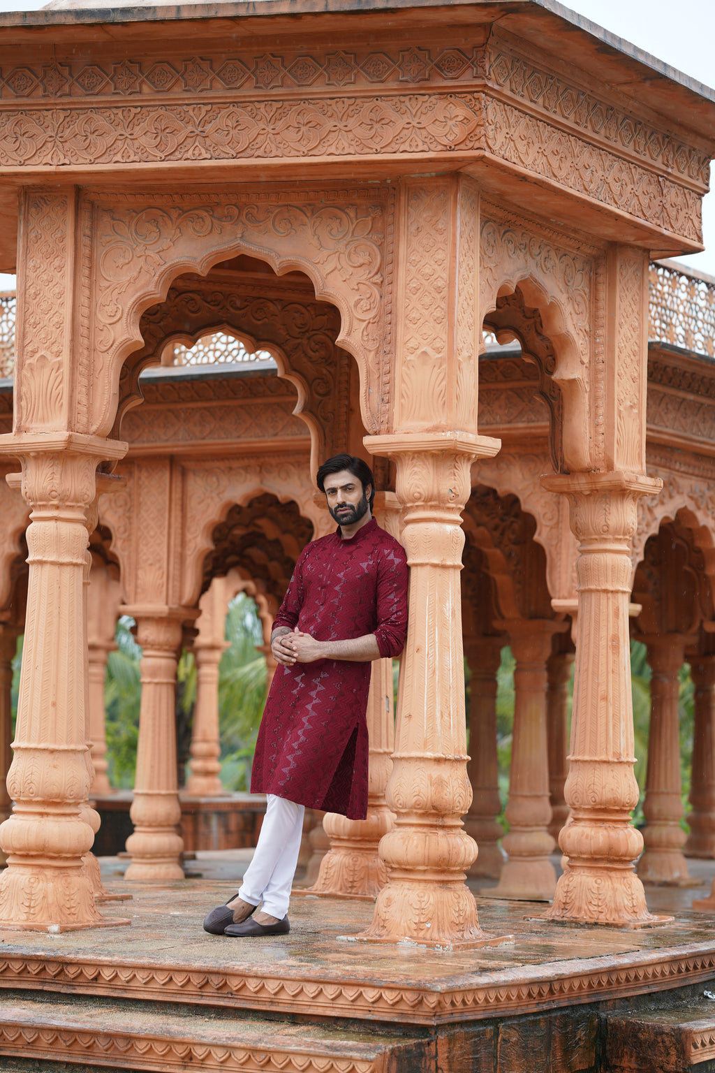 Men's Maroon Sequin Embellished Kurta
