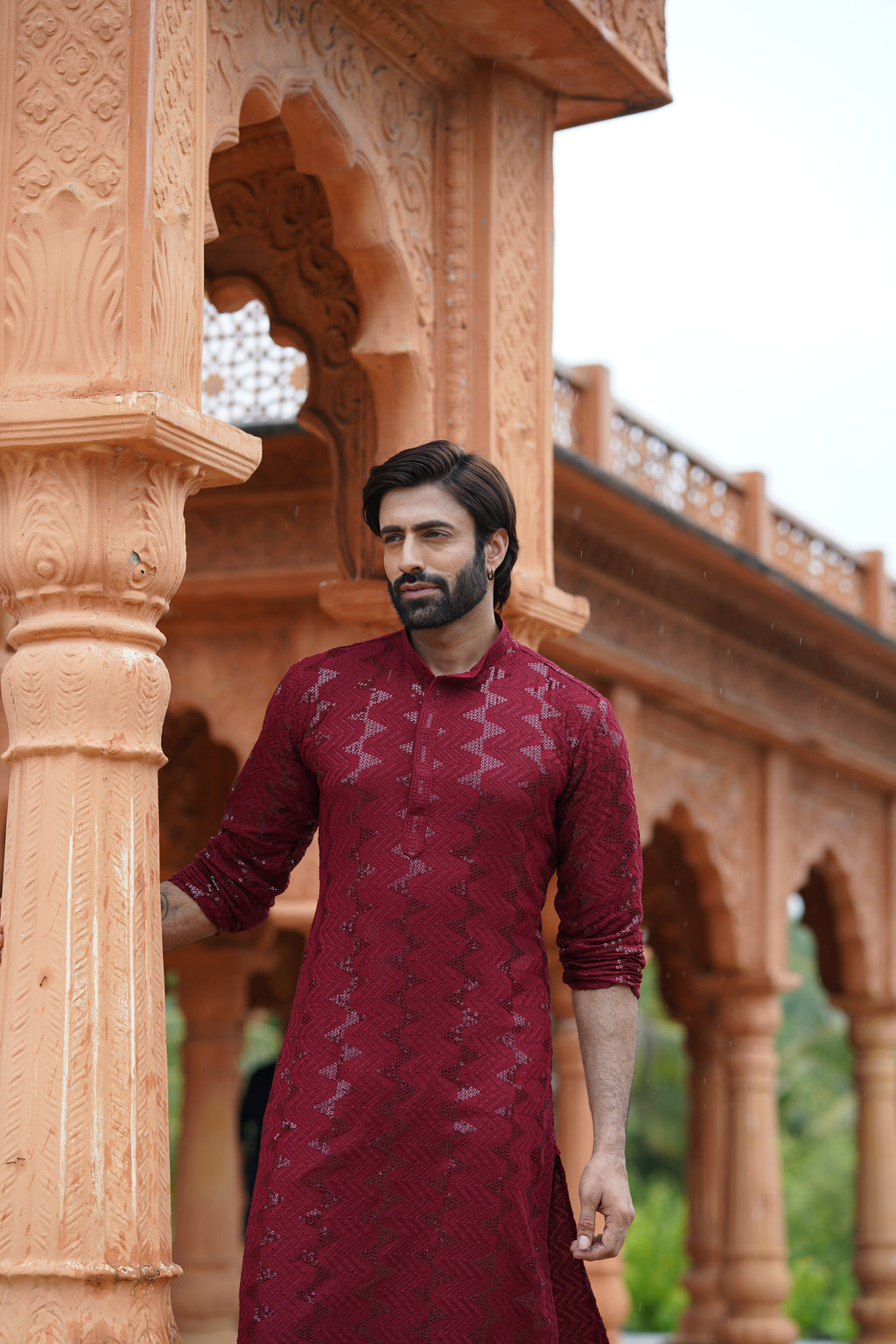 Men's Maroon Sequin Embellished Kurta