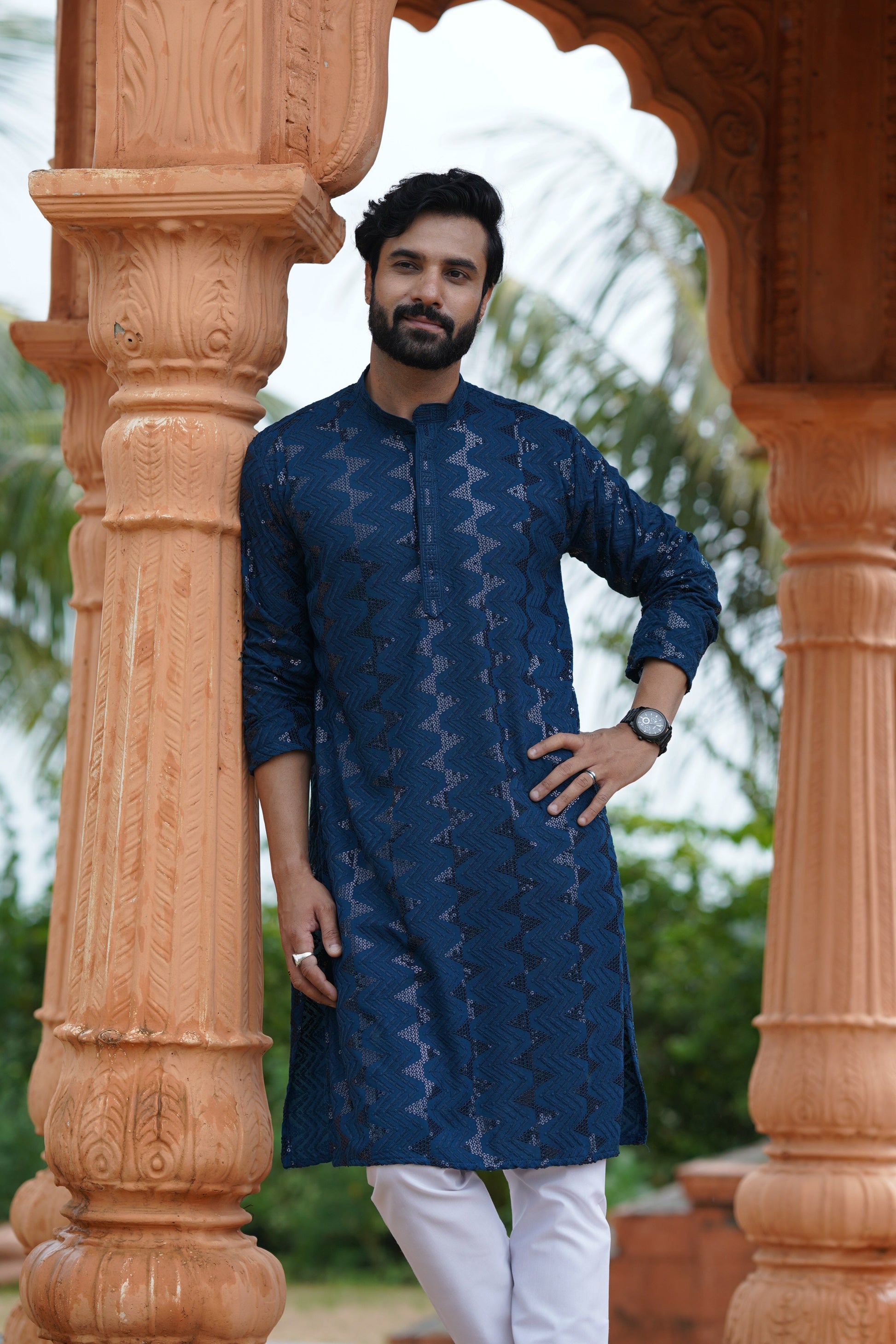 Men's Dark Teal Sequin Embellished Kurta