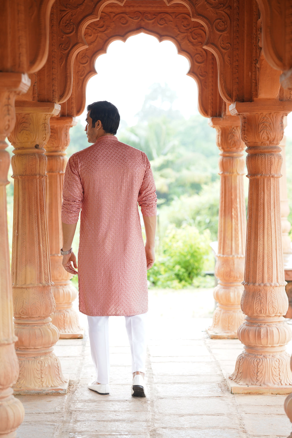 Men’s Rust Pink Viscose Kurta with Sequin Detailing