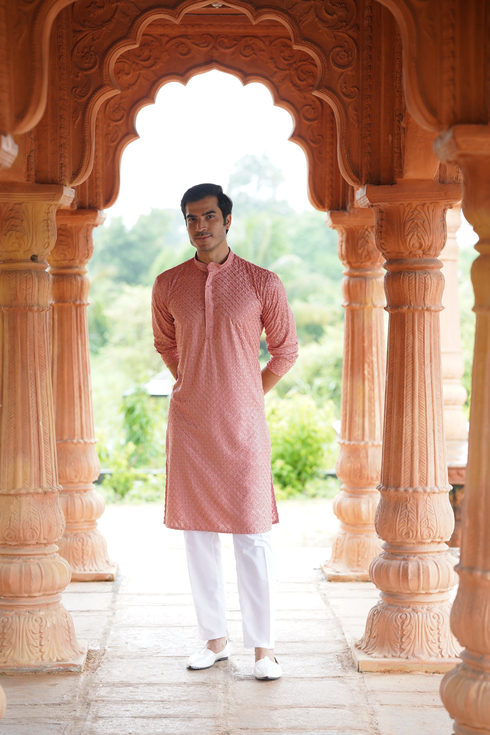 Men’s Rust Pink Viscose Kurta with Sequin Detailing