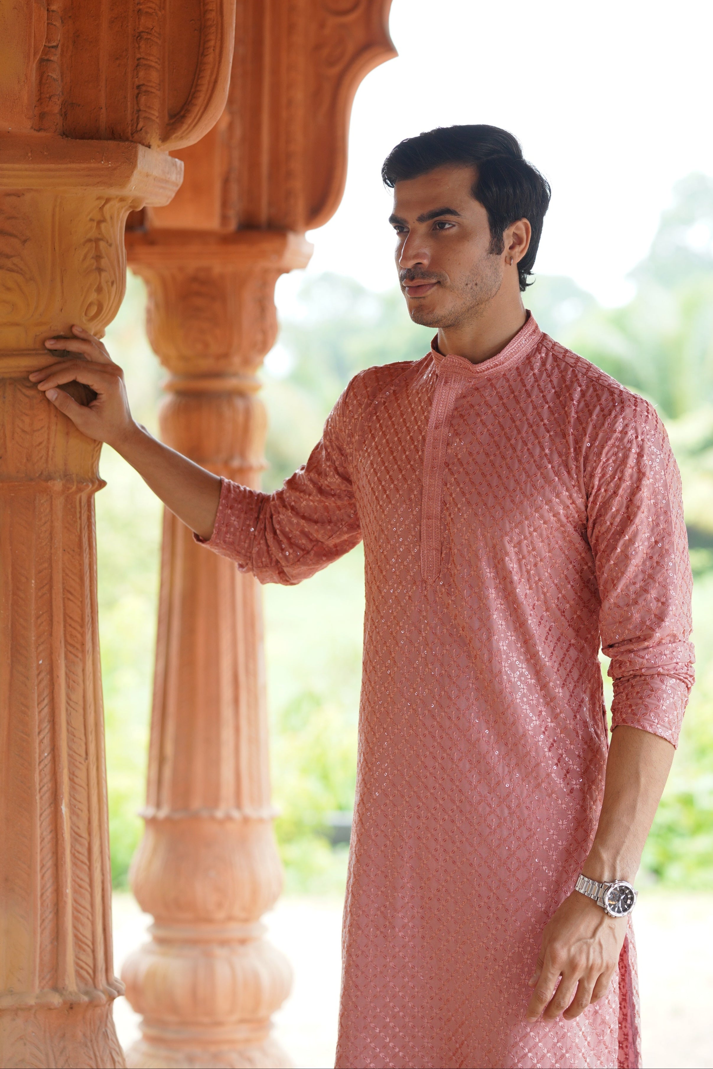 Men’s Rust Pink Viscose Kurta with Sequin Detailing