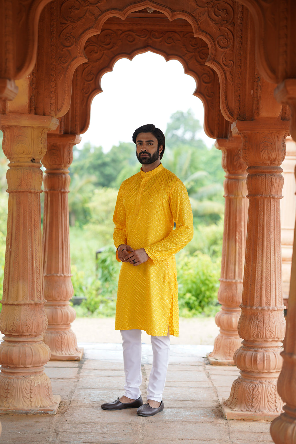 Men’s Mustard Viscose Kurta with Sequin Detailing