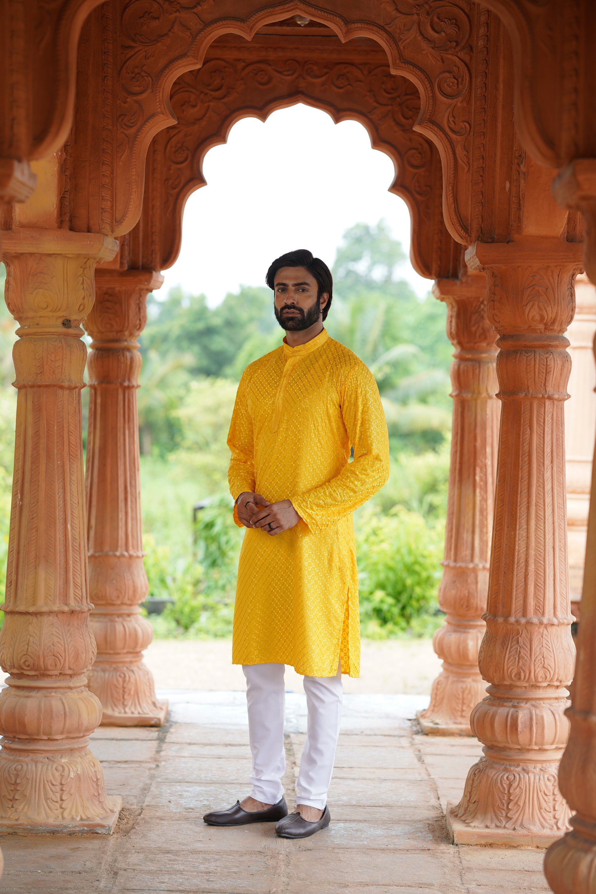 Men’s Mustard Viscose Kurta with Sequin Detailing