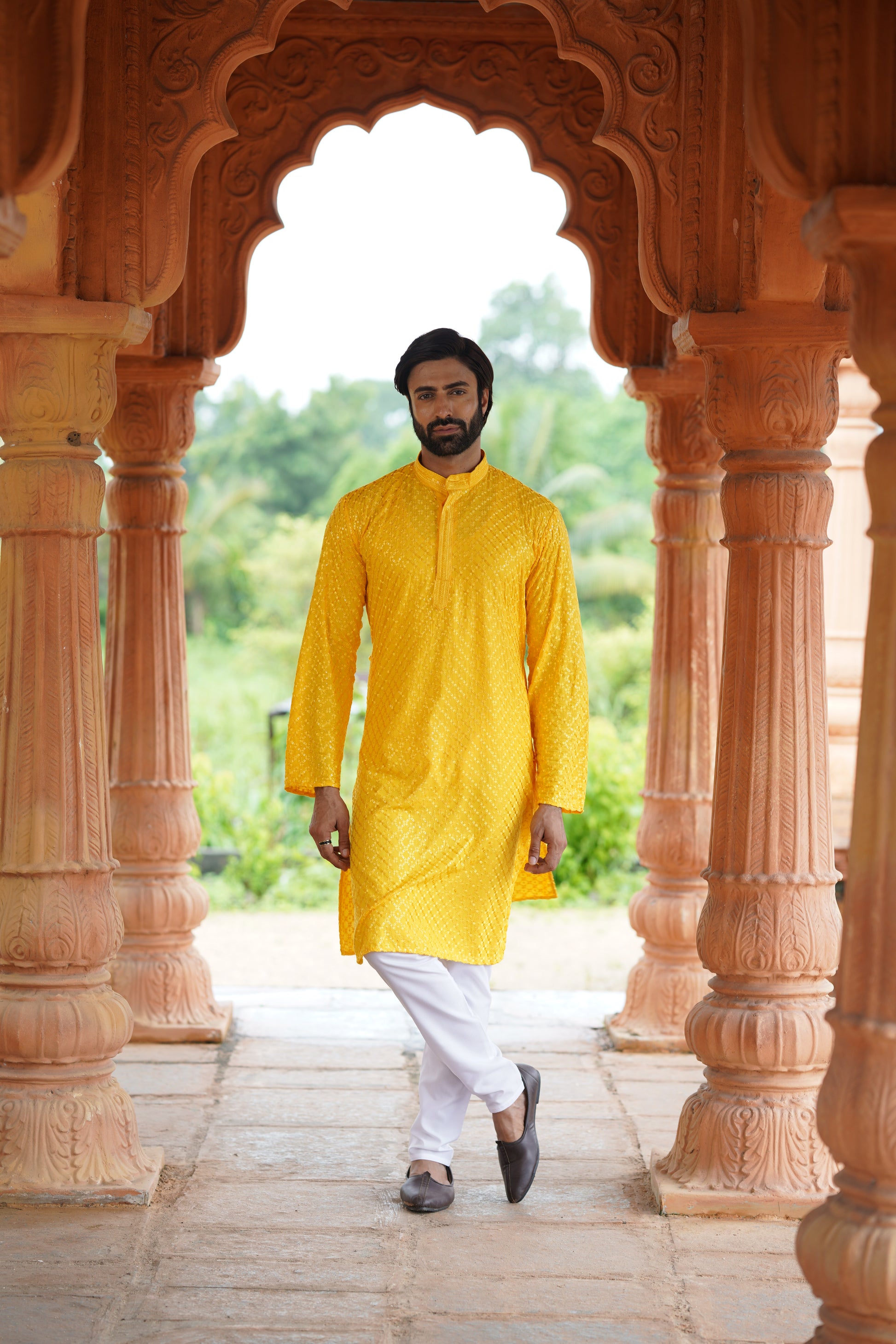 Men’s Mustard Viscose Kurta with Sequin Detailing