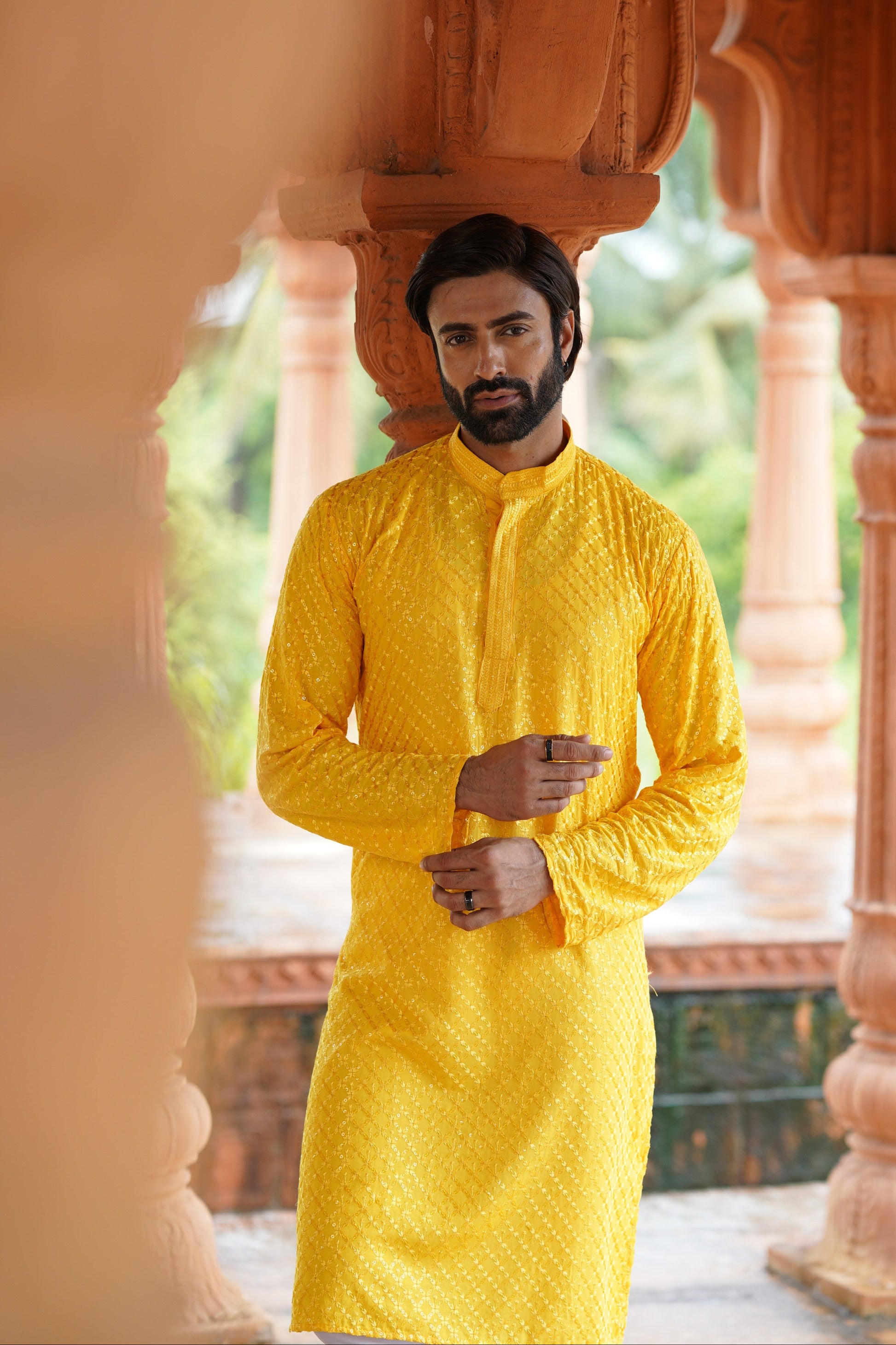 Men’s Mustard Viscose Kurta with Sequin Detailing