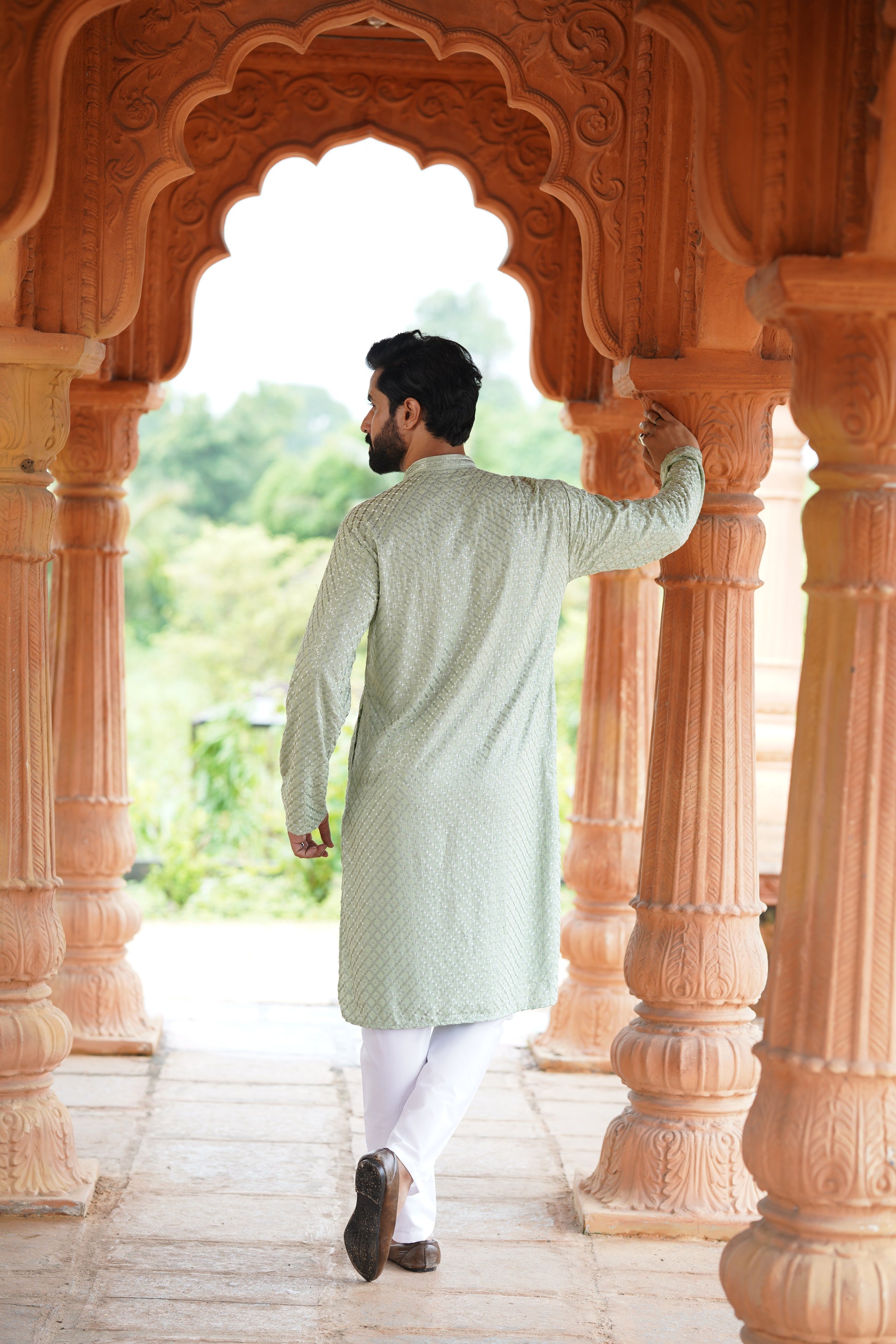 Men’s Pista Green Viscose Kurta with Sequin Detailing