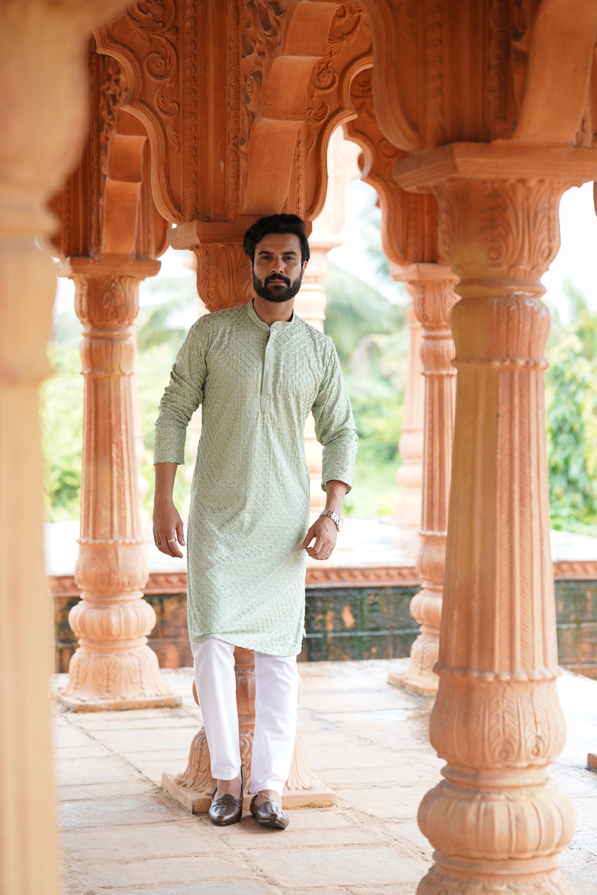 Men’s Pista Green Viscose Kurta with Sequin Detailing
