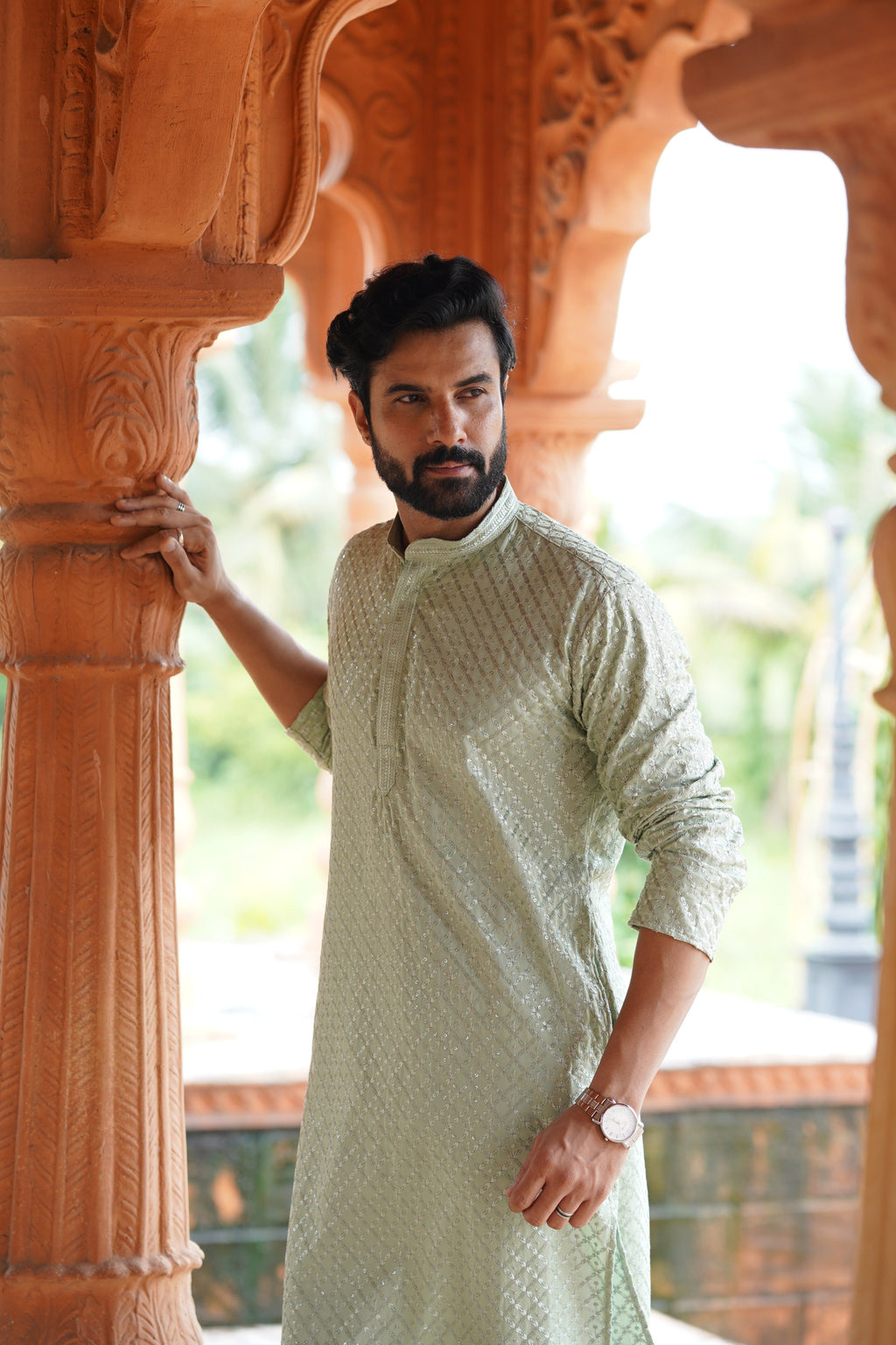 Men’s Pista Green Viscose Kurta with Sequin Detailing