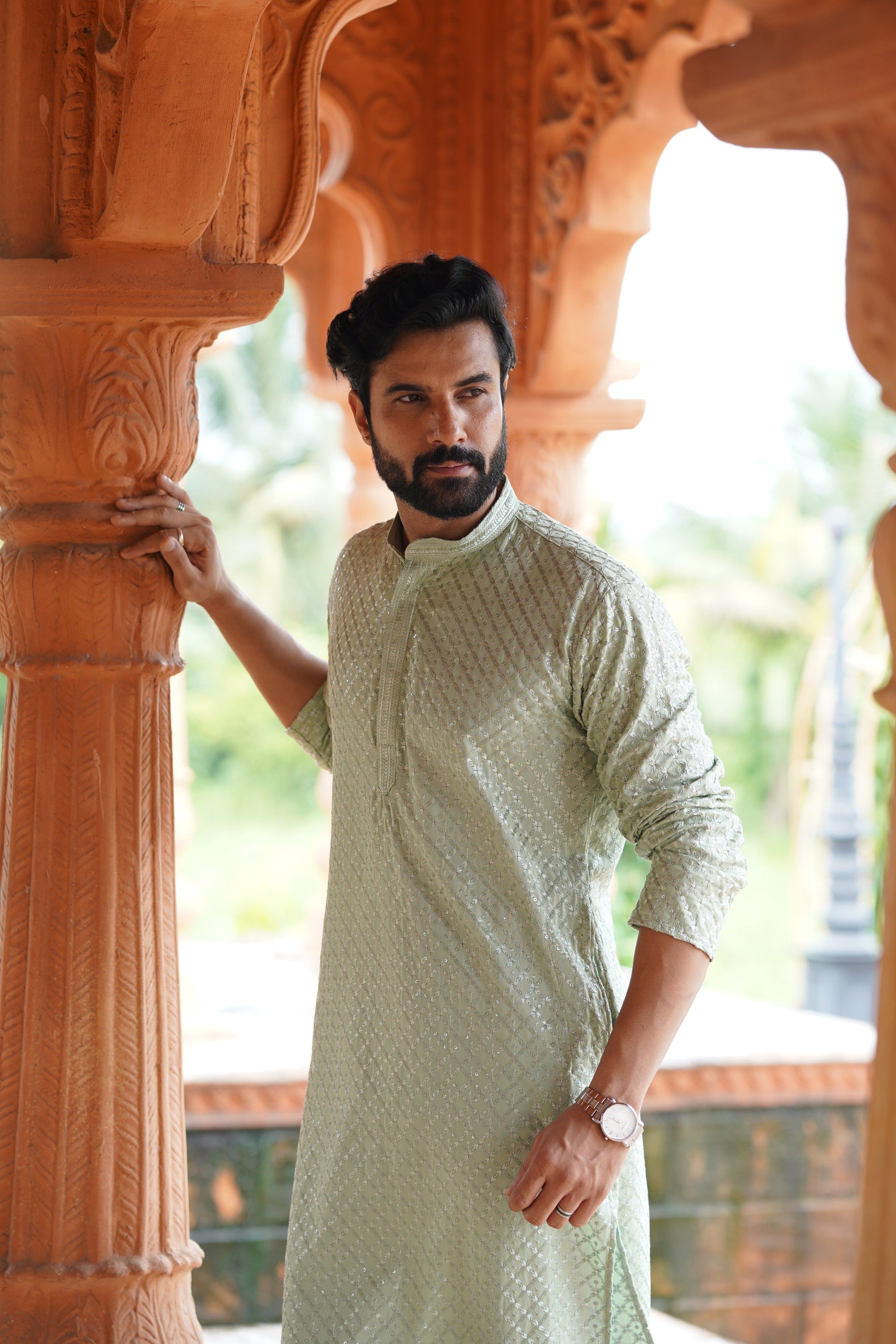 Men’s Pista Green Viscose Kurta with Sequin Detailing
