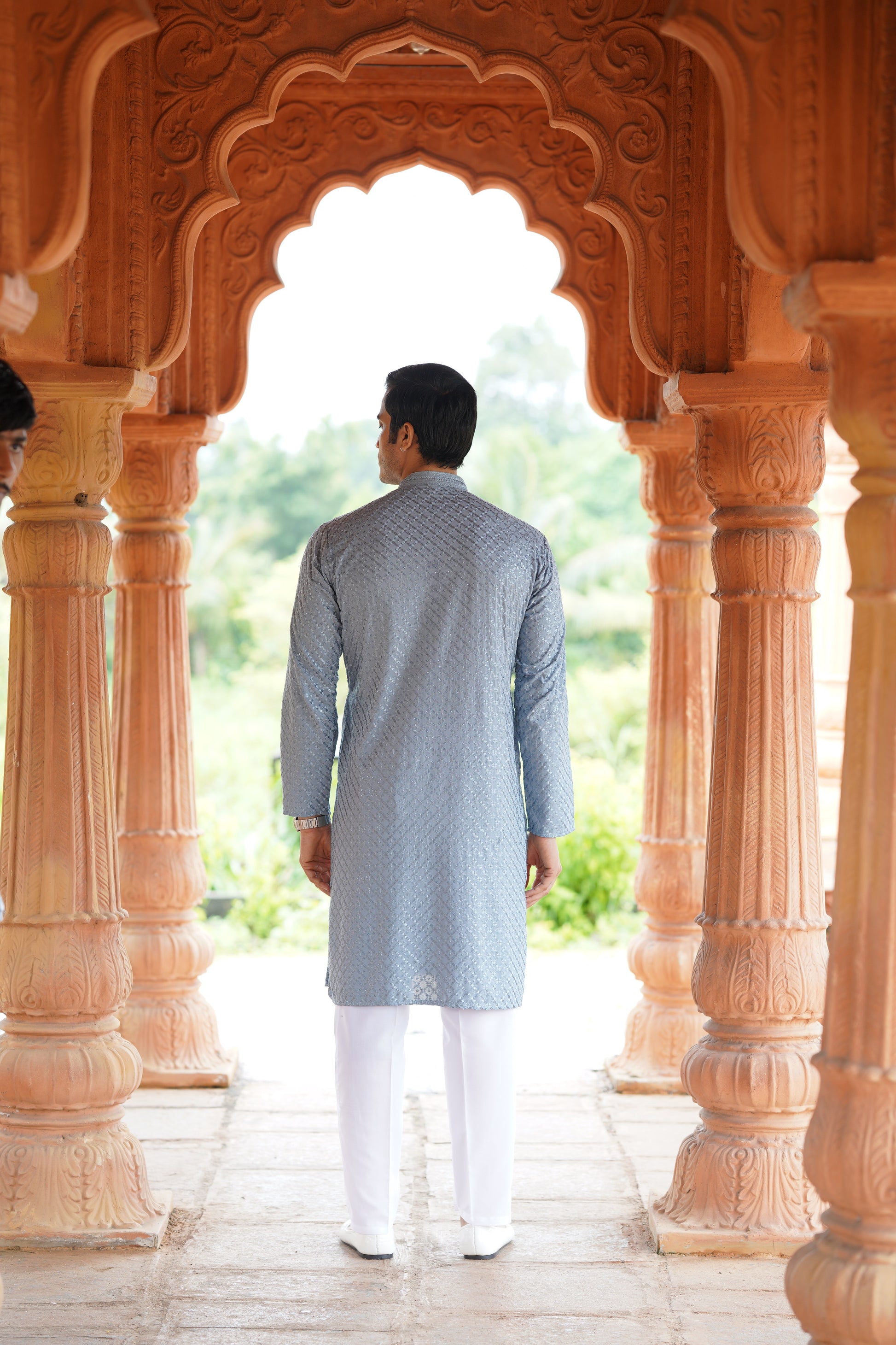 Men’s Blue Grey Viscose Kurta with Sequin Detailing