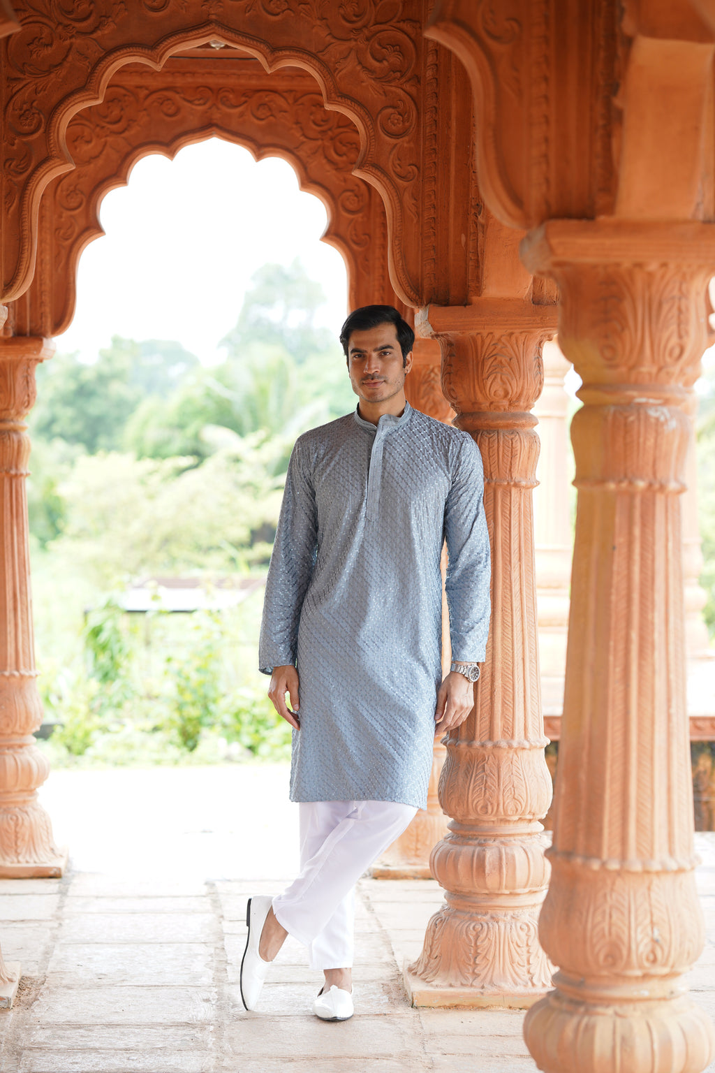 Men’s Blue Grey Viscose Kurta with Sequin Detailing