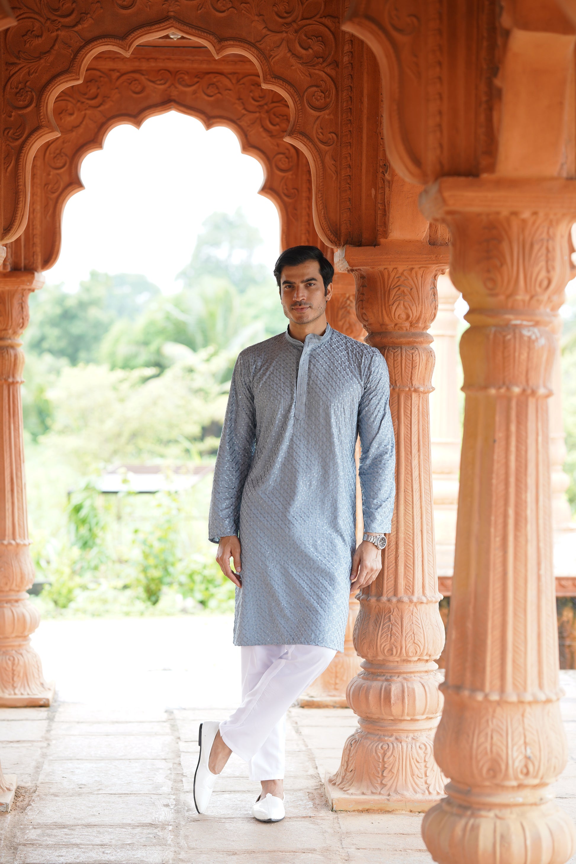 Men’s Blue Grey Viscose Kurta with Sequin Detailing