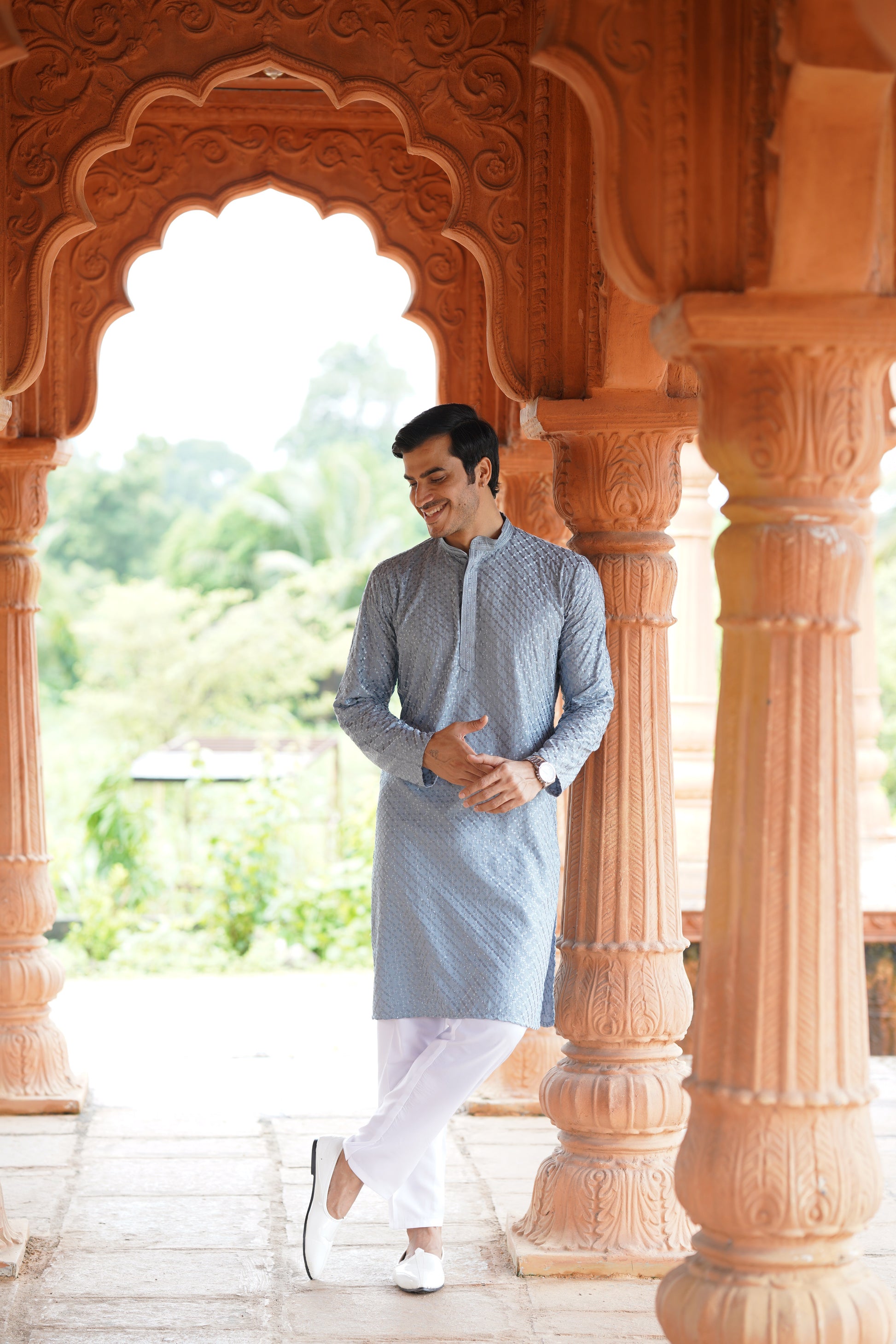 Men’s Blue Grey Viscose Kurta with Sequin Detailing