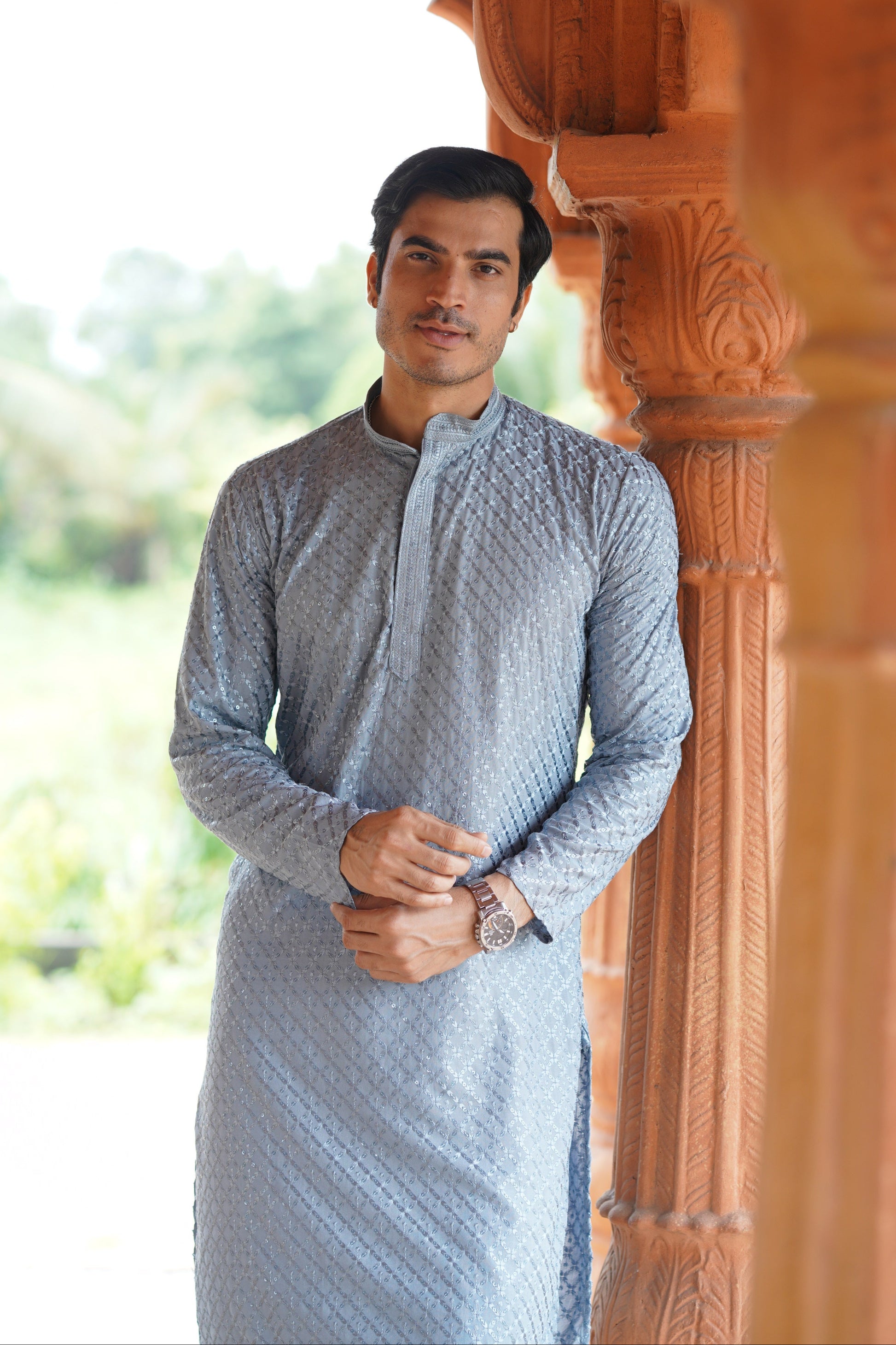 Men’s Blue Grey Viscose Kurta with Sequin Detailing