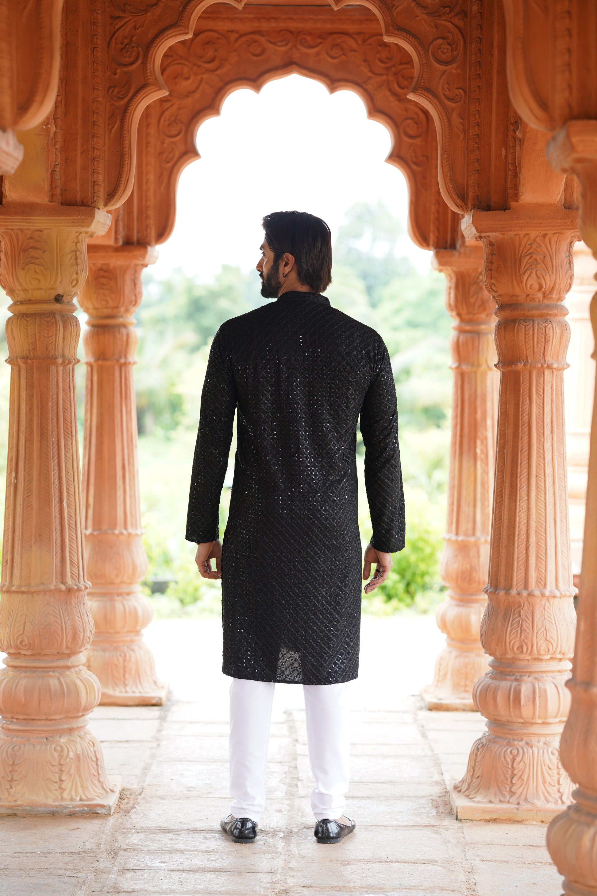 Men’s Black Viscose Kurta with Sequin Detailing