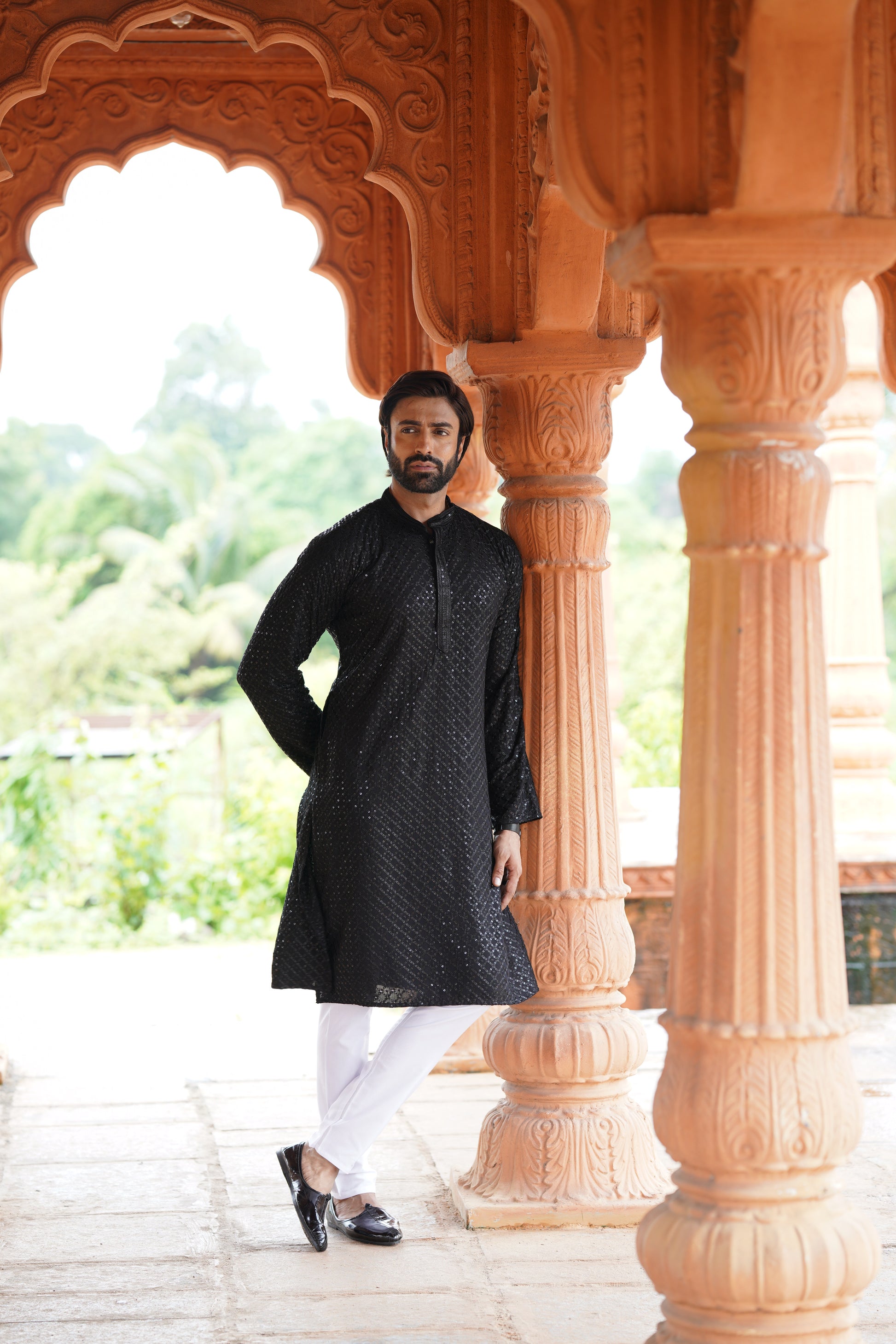 Men’s Black Viscose Kurta with Sequin Detailing